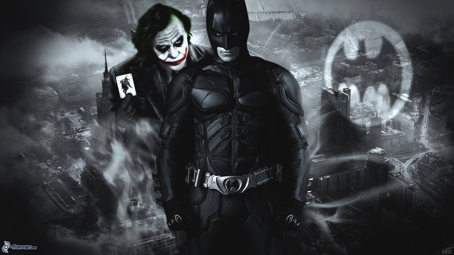 Joker, Batman, Il cavaliere oscuro, Bat-segnale, Bianco e nero, Full HD, sfondo desktop