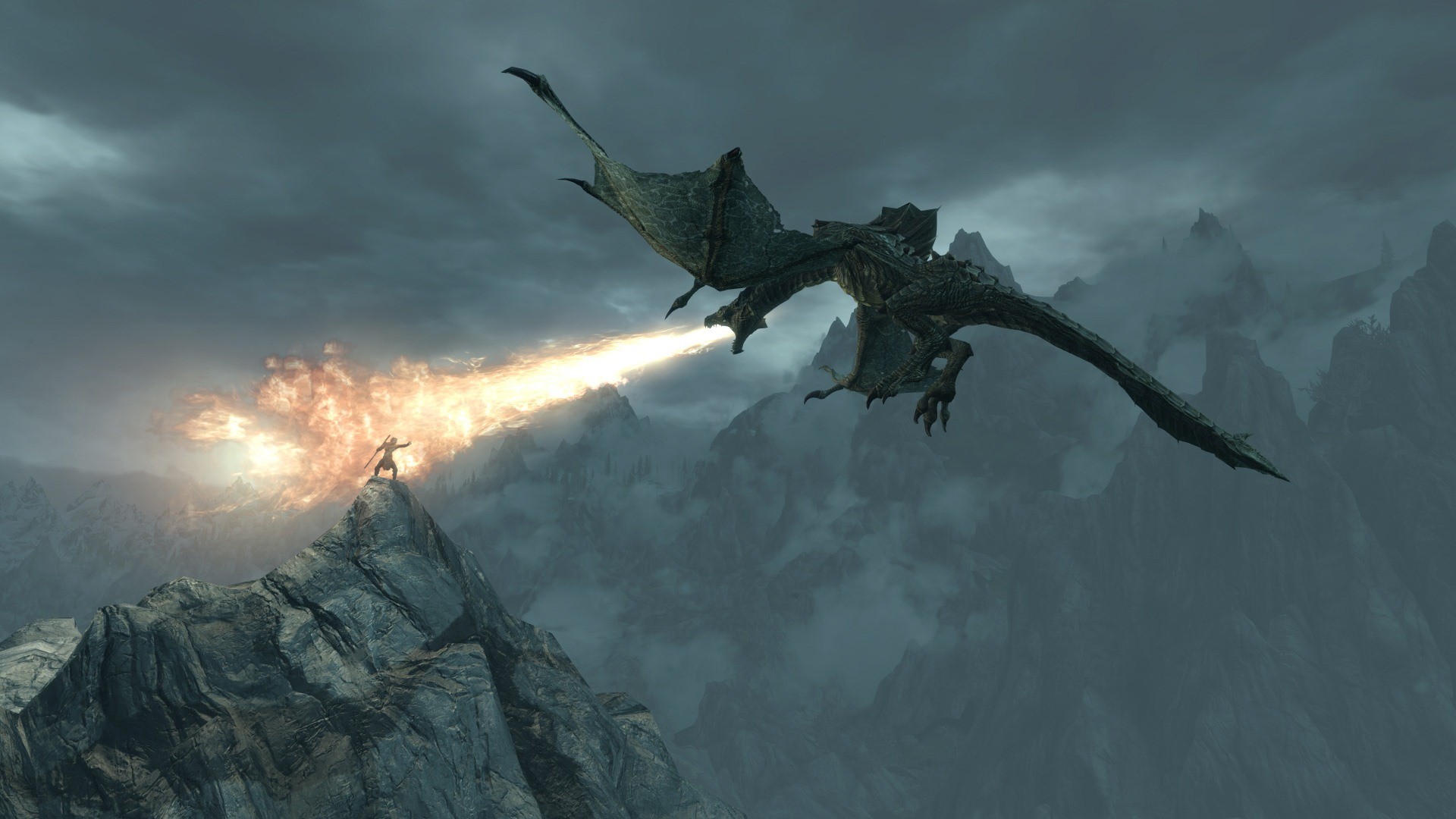 The Elder Scrolls V: Skyrim, Drago, Soffio di fuoco, Montagne, 1920x1080, sfondo per PC