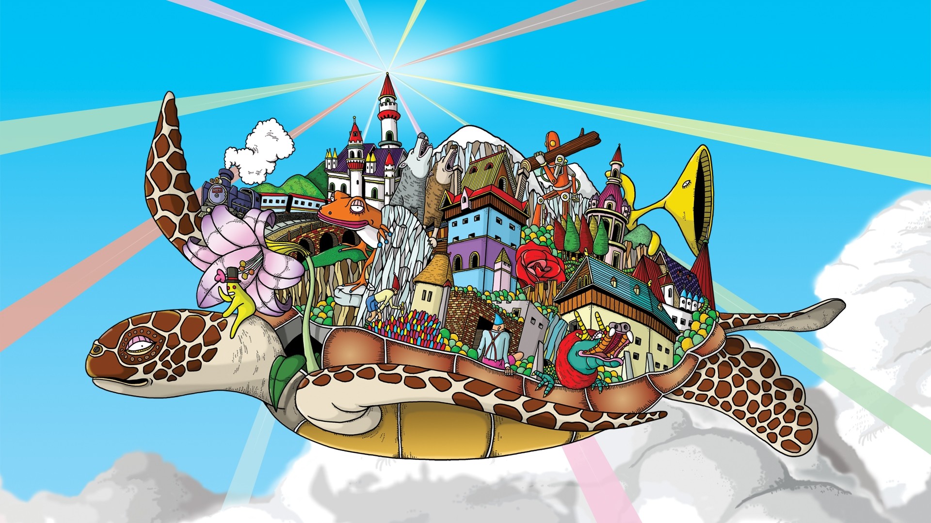 Tartaruga marina, Città fantastica, Illustrazione, 1920x1080, sfondo per PC