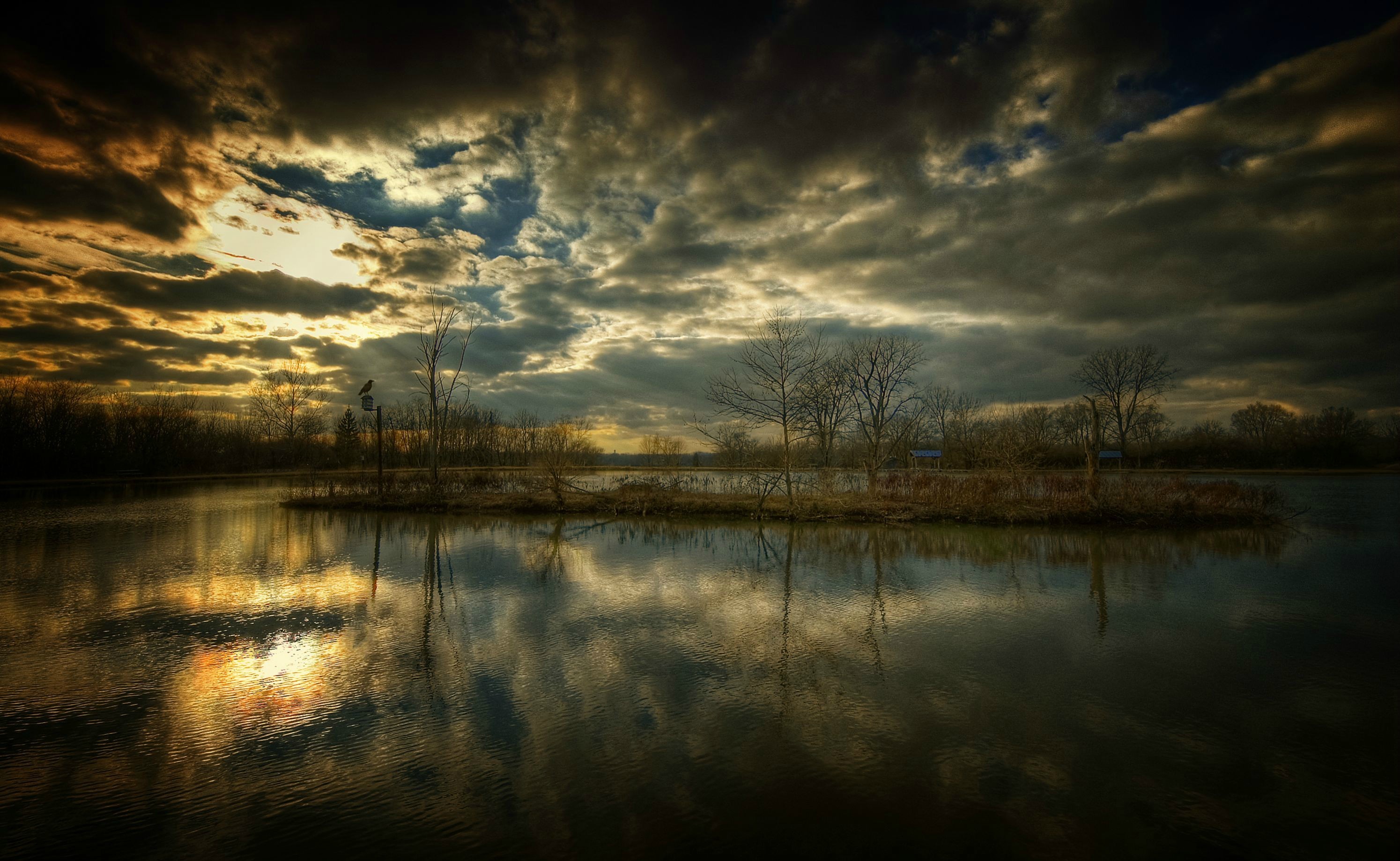 Lago, Nuvole, Tramonto, HDR, 2K, sfondo Windows 11