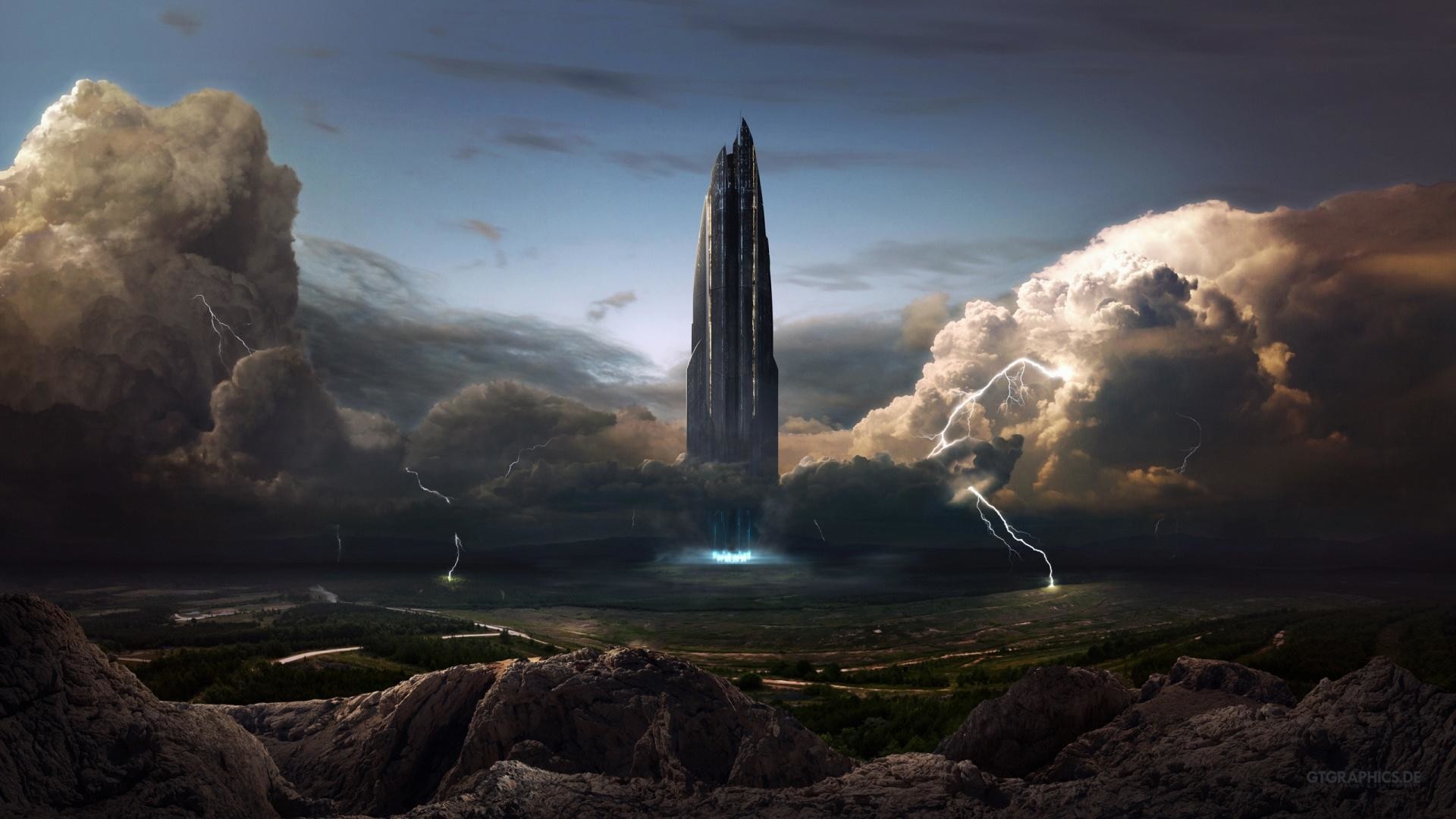 Torre aliena, Fantascienza, Temporale, Fulmini, Nuvole scure, sfondo per il tuo desktop