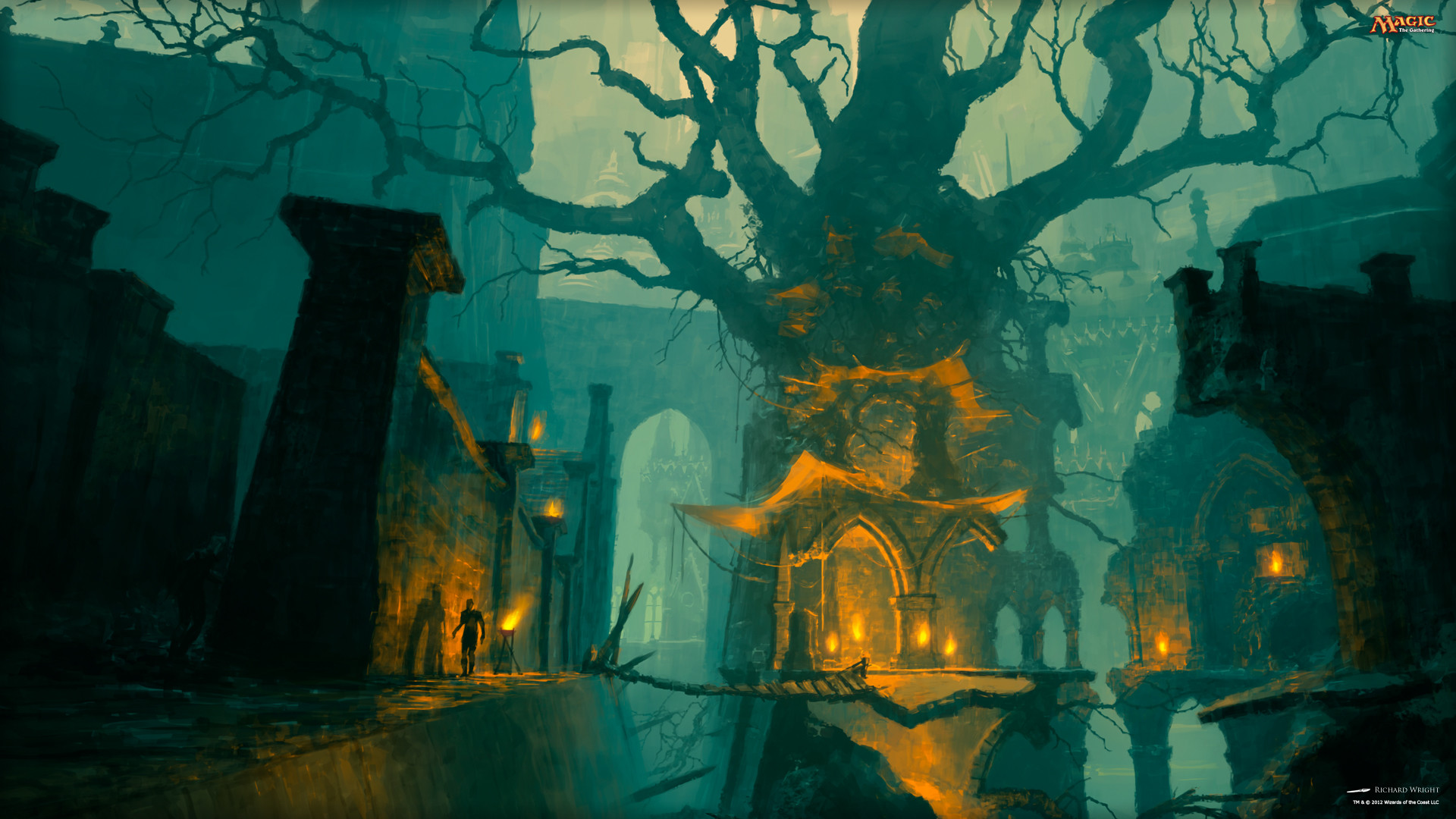 Magic: The Gathering, Albero, Città, Notte, Fantasy, 1920x1080, immagine di sfondo