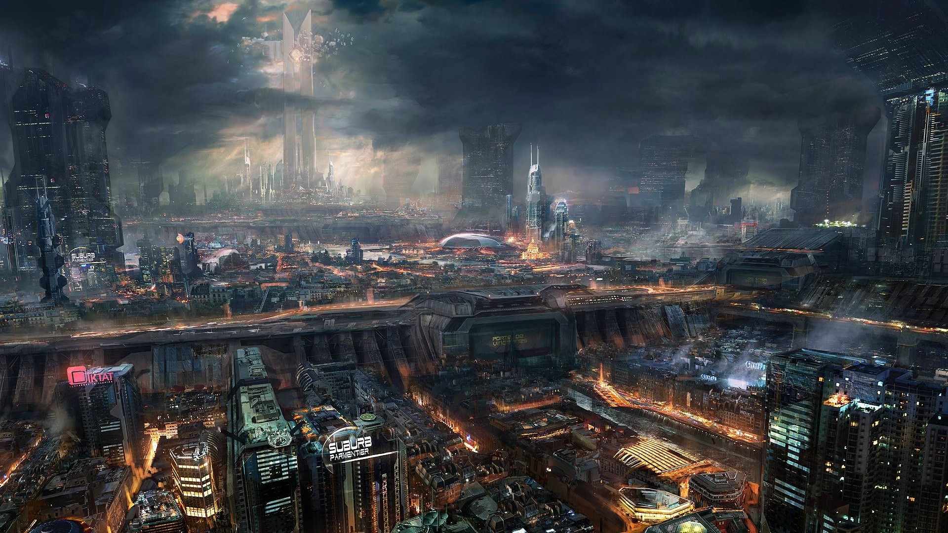 Città futuristica, Fantascienza, Arte concettuale, Notte, 1920x1080, immagine di sfondo