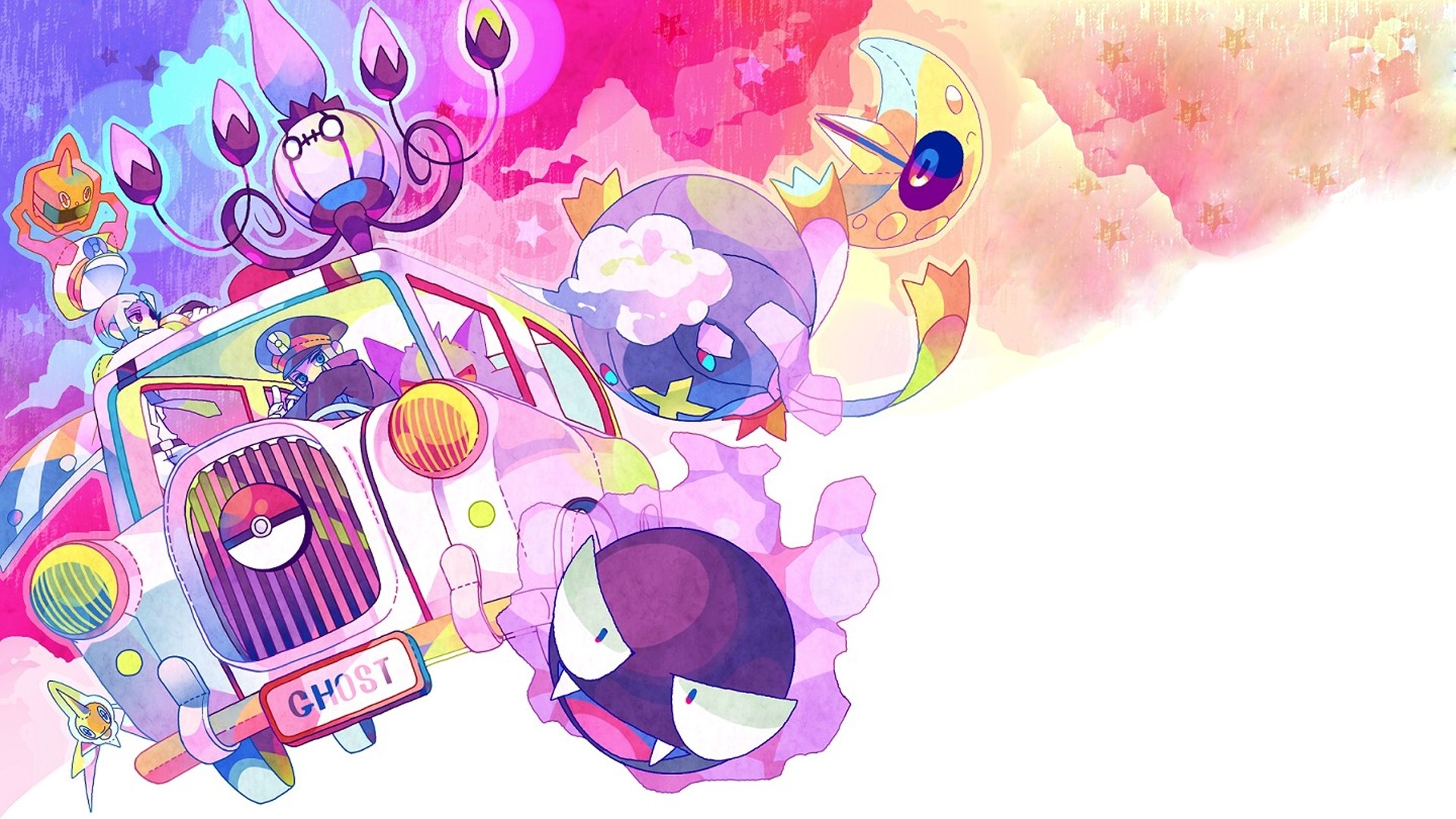 Gengar, Gastly, Pokémon di tipo Spettro, Fan art, Pastello, 1920x1080, sfondo per PC