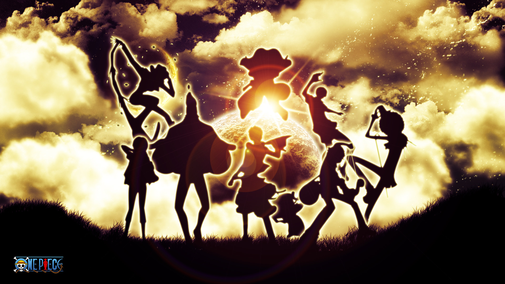 One Piece, Ciurma di Cappello di Paglia, Silhouette, Nuvole, Full HD, wallpaper per PC