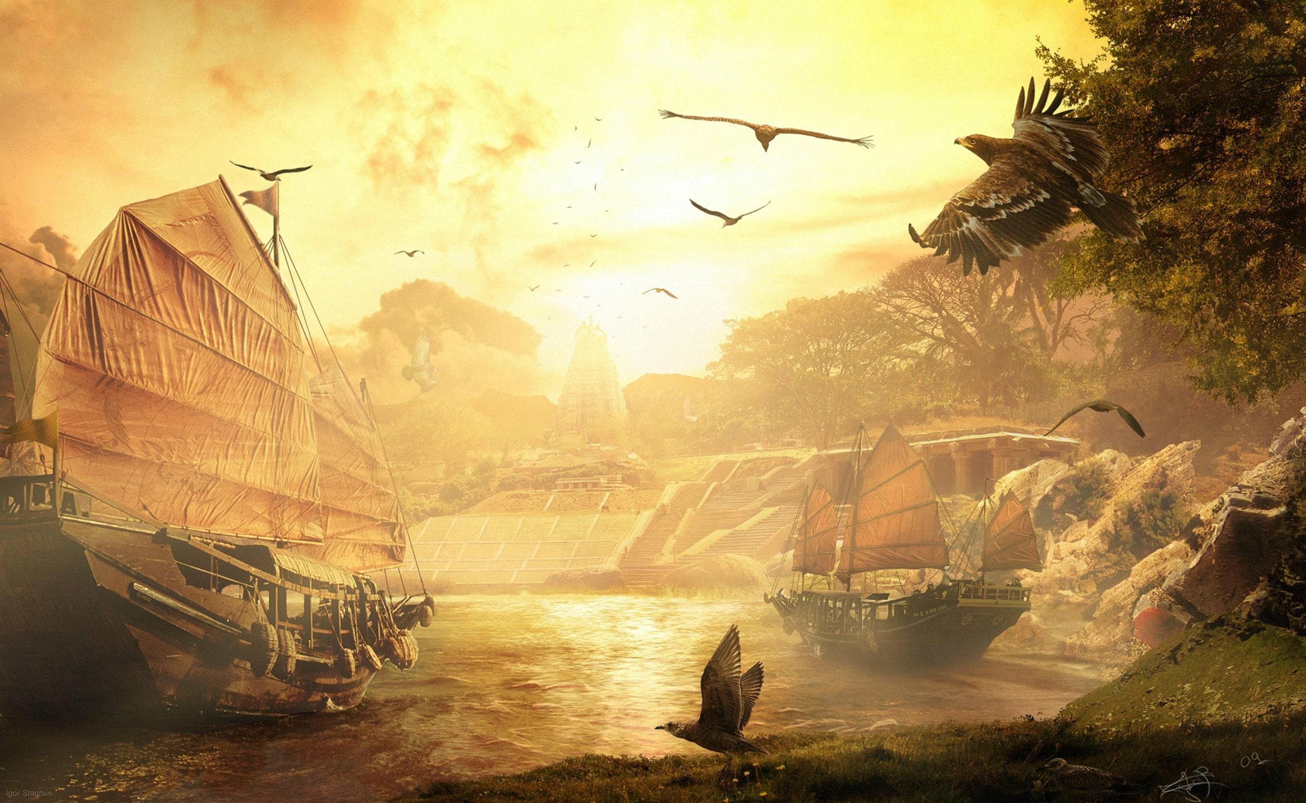 Velieri, Giunca, Fantasy, Luce dorata, Full HD, sfondo per PC
