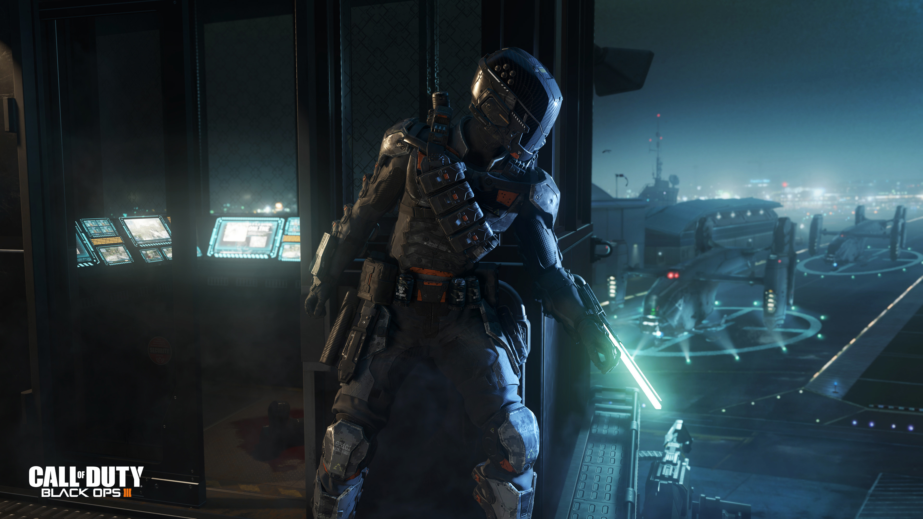 Call of Duty: Black Ops III, Soldato, Notte, Città futuristica, 4K 2160p, sfondo desktop