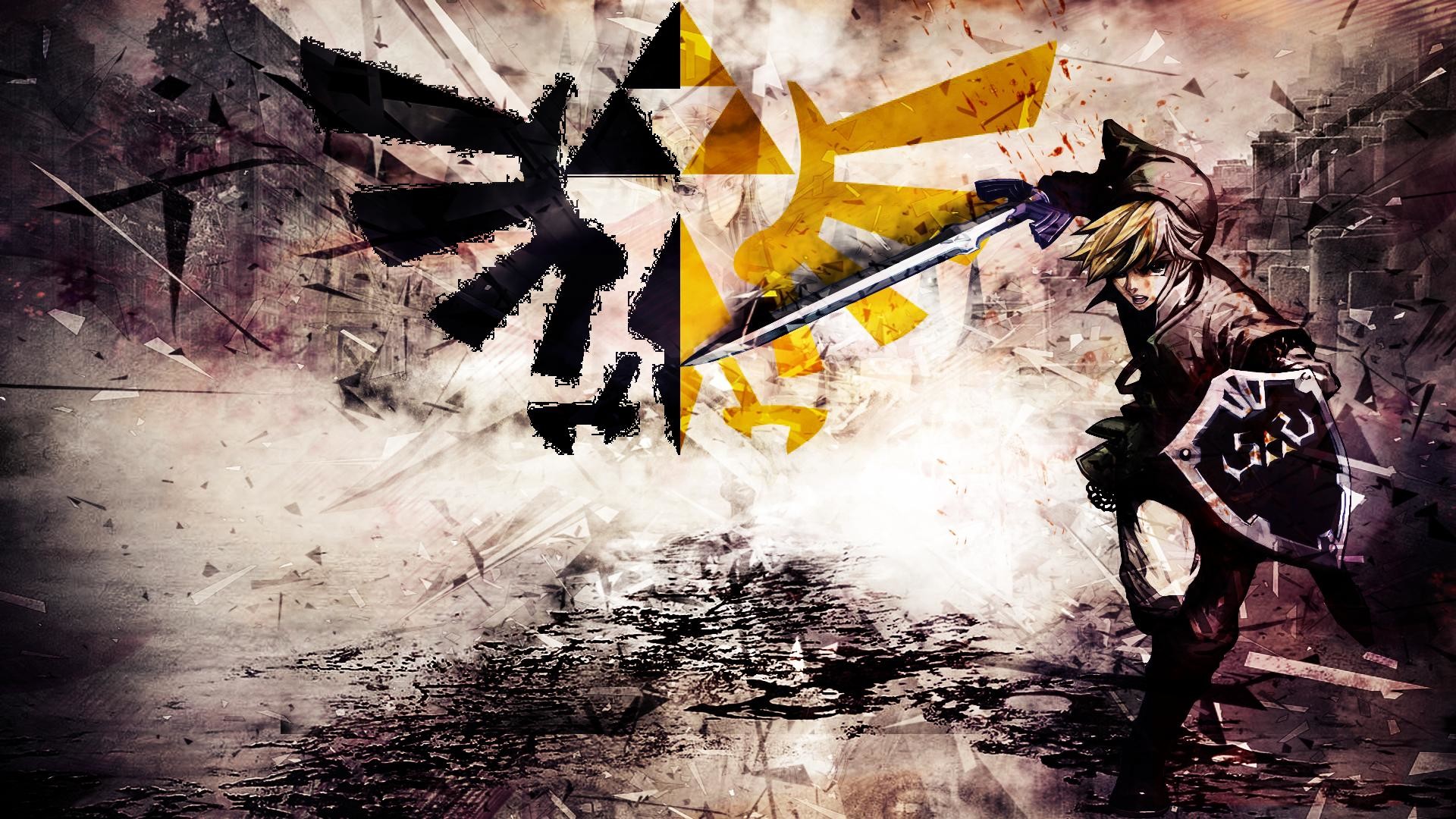 Link, Stemma di Hyrule, Triforza, Grunge, 1920x1080, wallpaper desktop