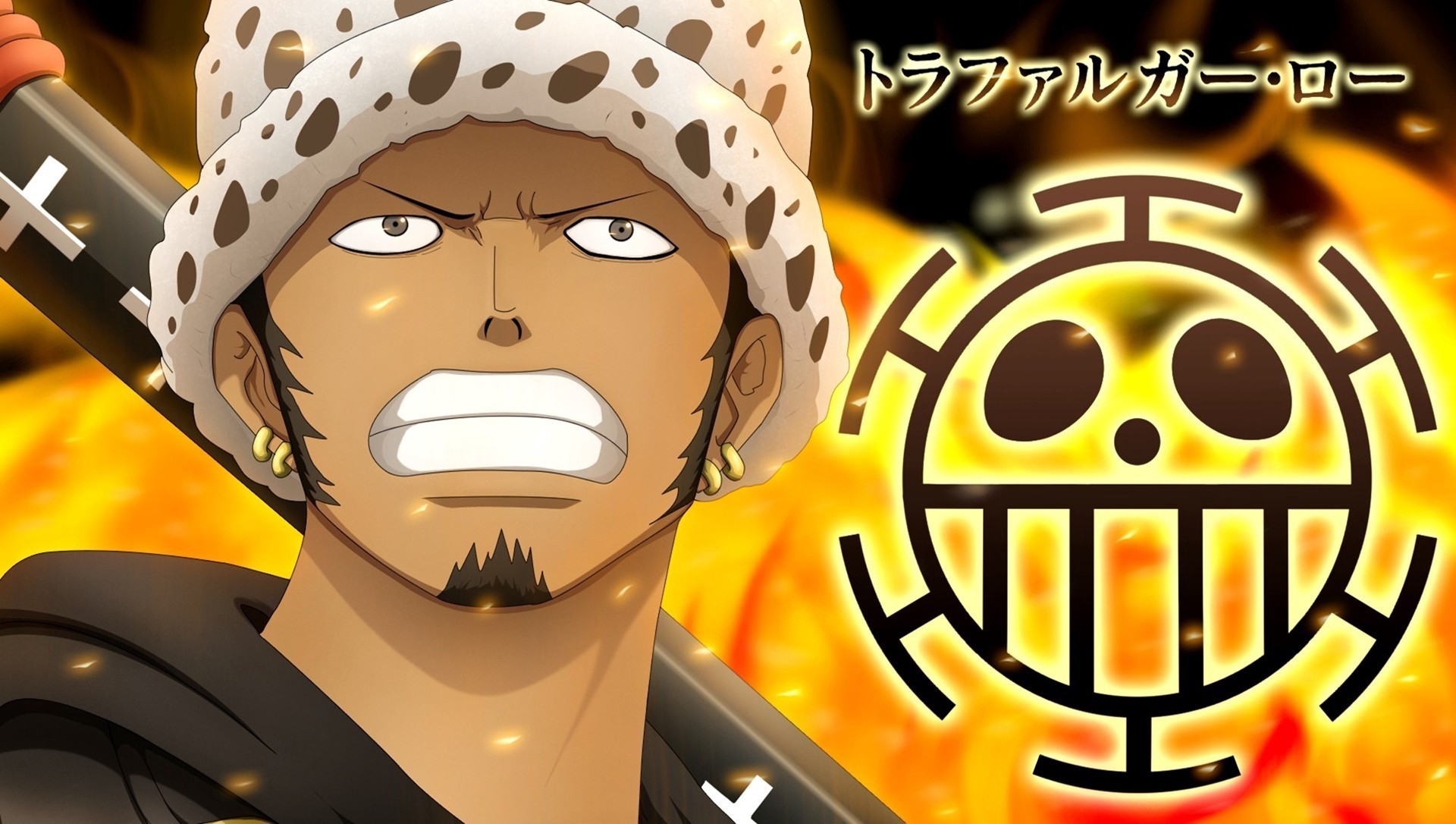 Trafalgar Law, Jolly Roger dei Pirati Heart, One Piece, Fiamme, Full HD, sfondo Windows 11
