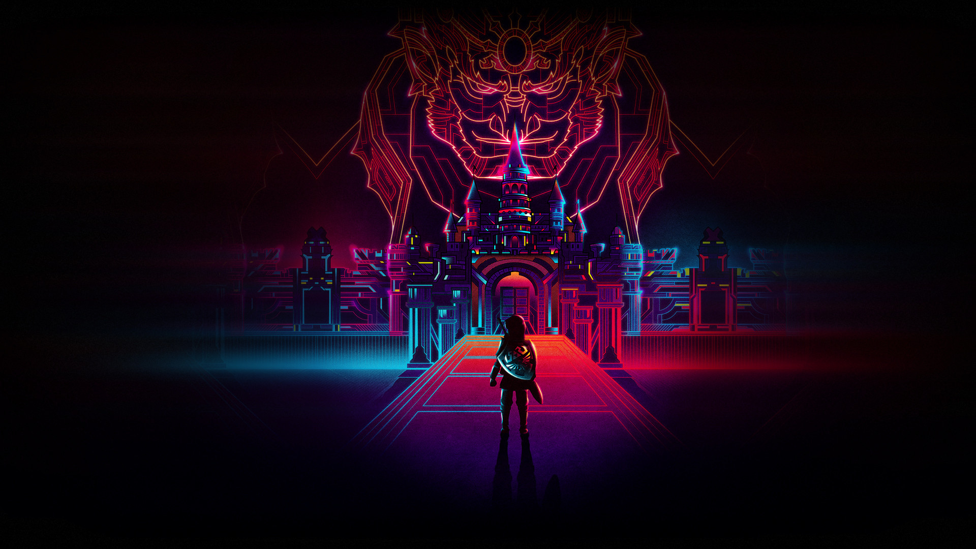 Synthwave, Castello, Silhouette, Rosso e viola, Full HD, sfondo Windows 11