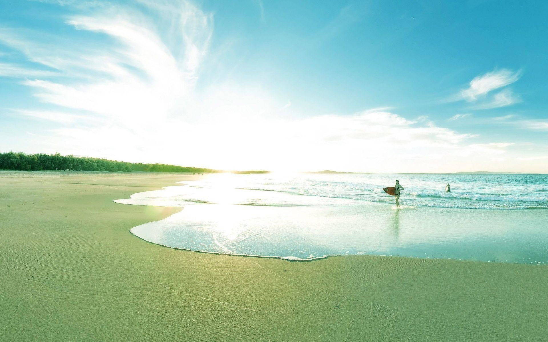 Surfista, Spiaggia, Bassa marea, Sole, Cielo azzurro, 1920x1200, sfondo per PC