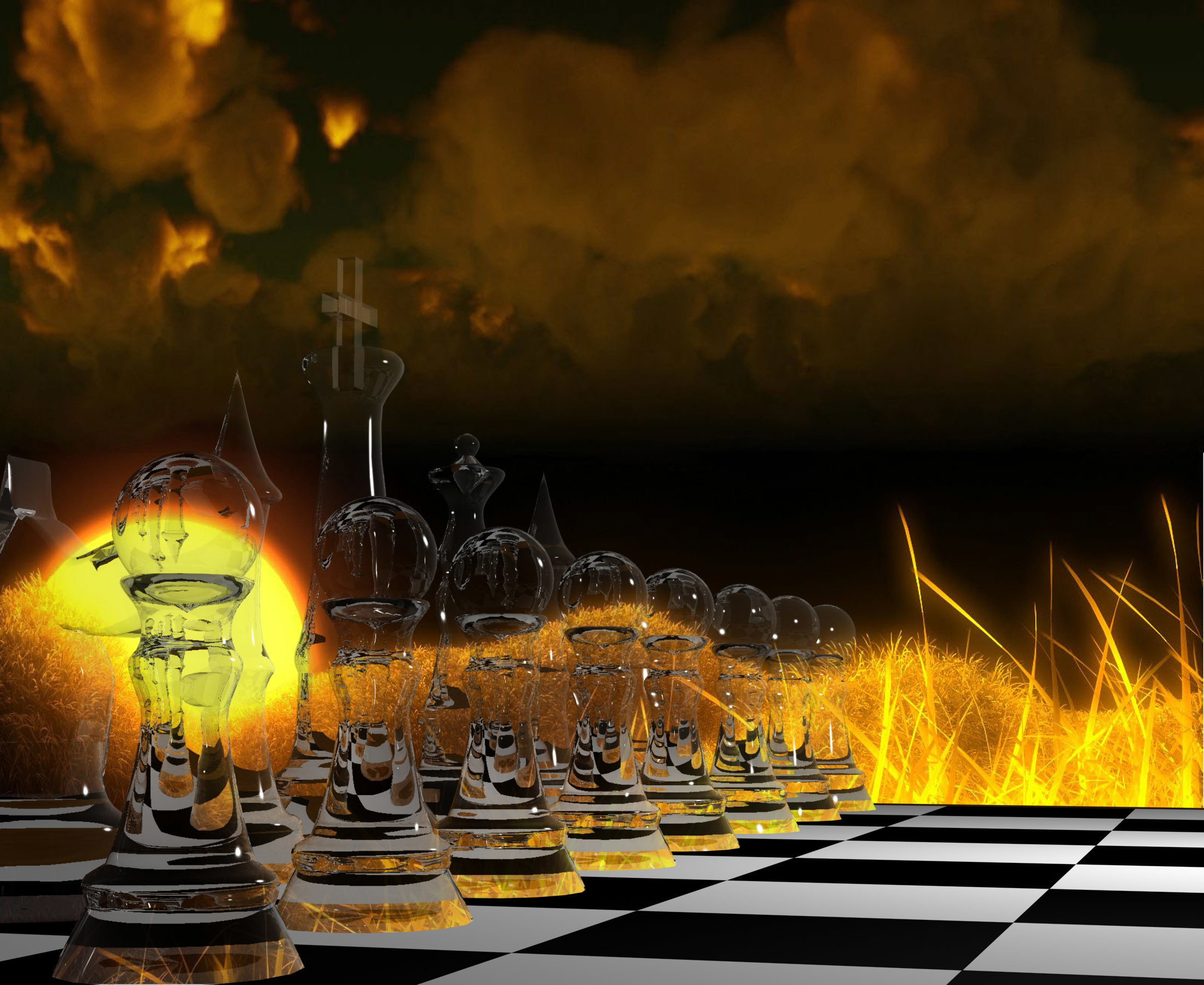 Scacchiera, Fiamme, Pezzi di vetro, Arte digitale, Full HD, sfondo per PC e portatile