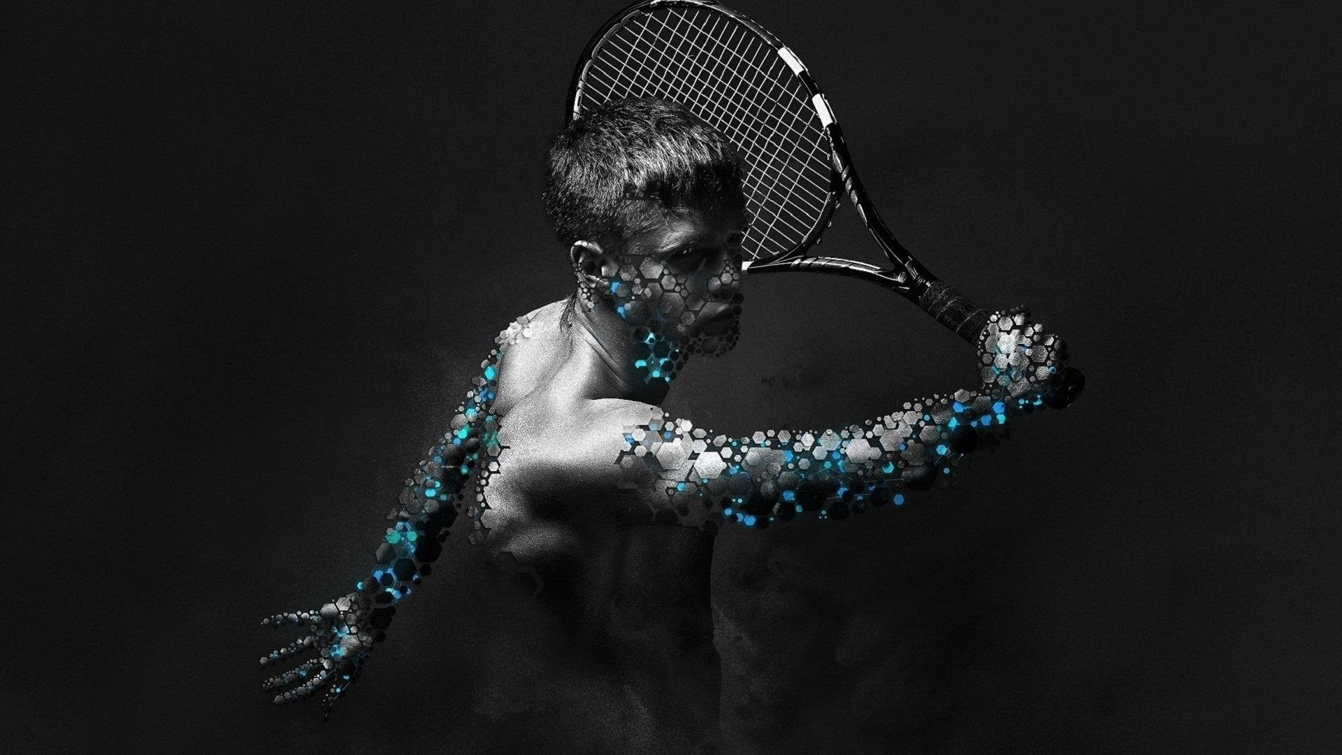 Tennista, Racchetta, Arte digitale, Sfondo nero, 1920x1080, wallpaper desktop
