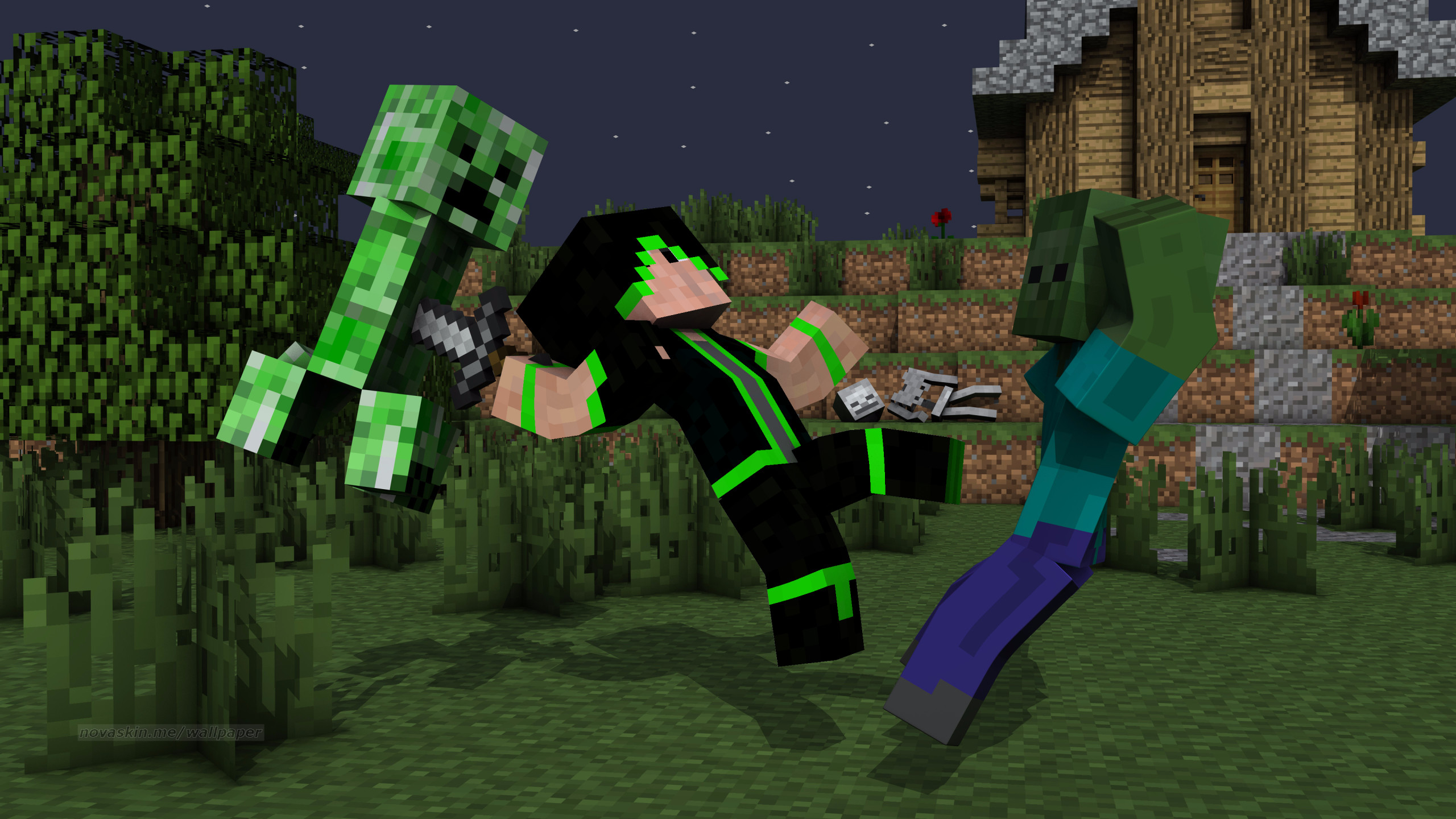 Minecraft, Creeper, Zombie, Skin, Notte, 2560x1440, immagine di sfondo