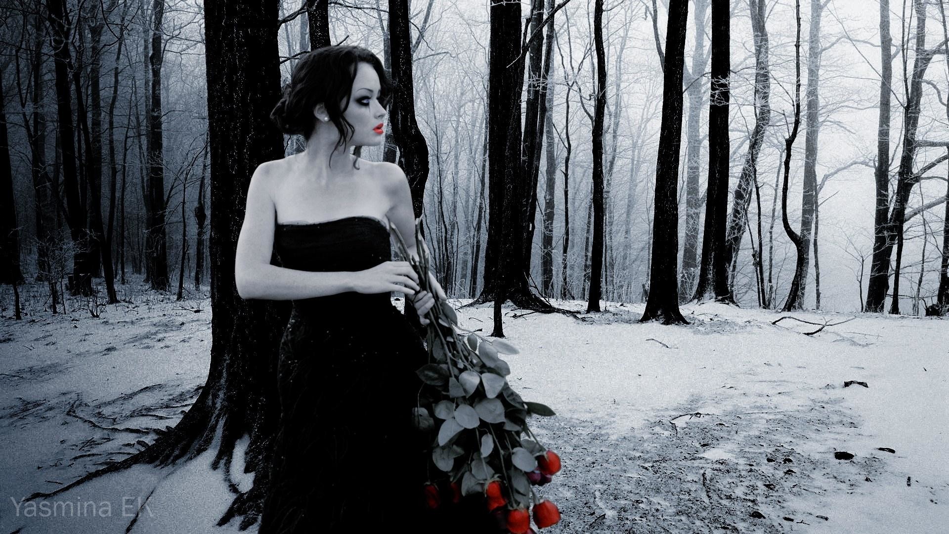 Ragazza gotica, Bosco innevato, Rose rosse, Abito nero, Full HD, wallpaper desktop