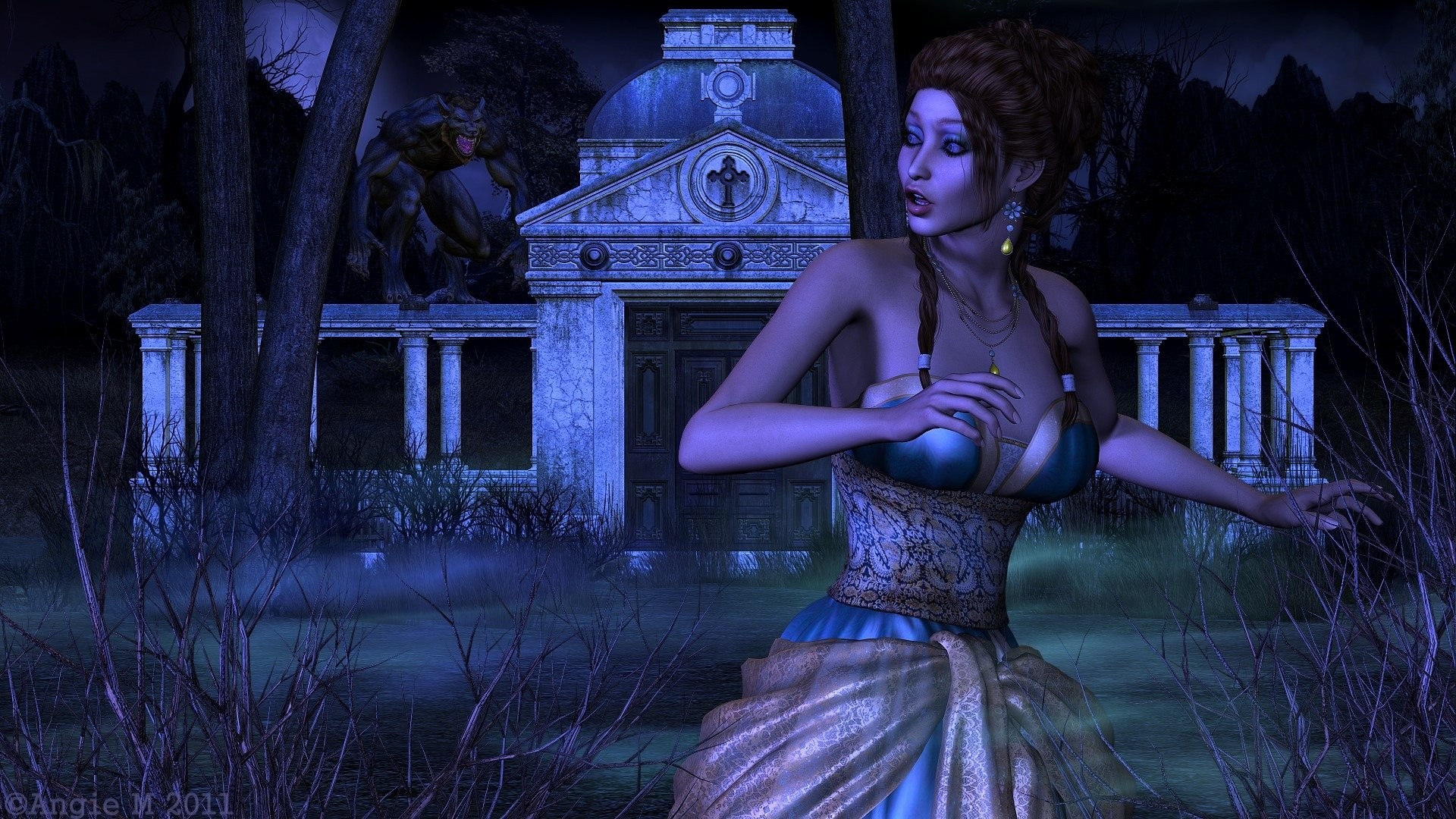 Lupo mannaro, Donna, Mausoleo, Notte, Rendering 3D, Full HD 1080p, sfondo desktop