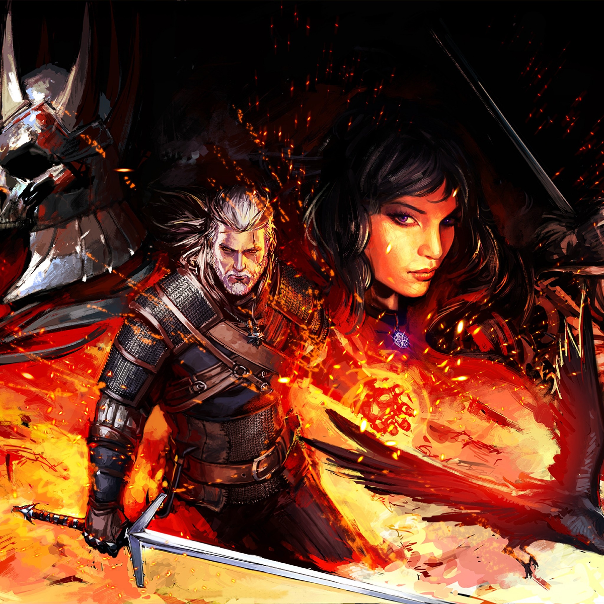 Geralt di Rivia, Yennefer, The Witcher 3: Wild Hunt, Fuoco, Full HD, sfondo per iPad e tablet