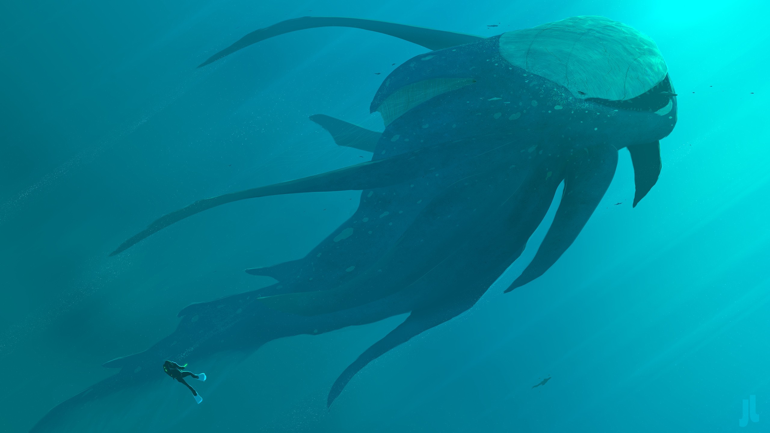 Creatura marina, Kraken, Sub, Fondale, Arte fantasy, Turchese, 2K, sfondo per PC e portatile