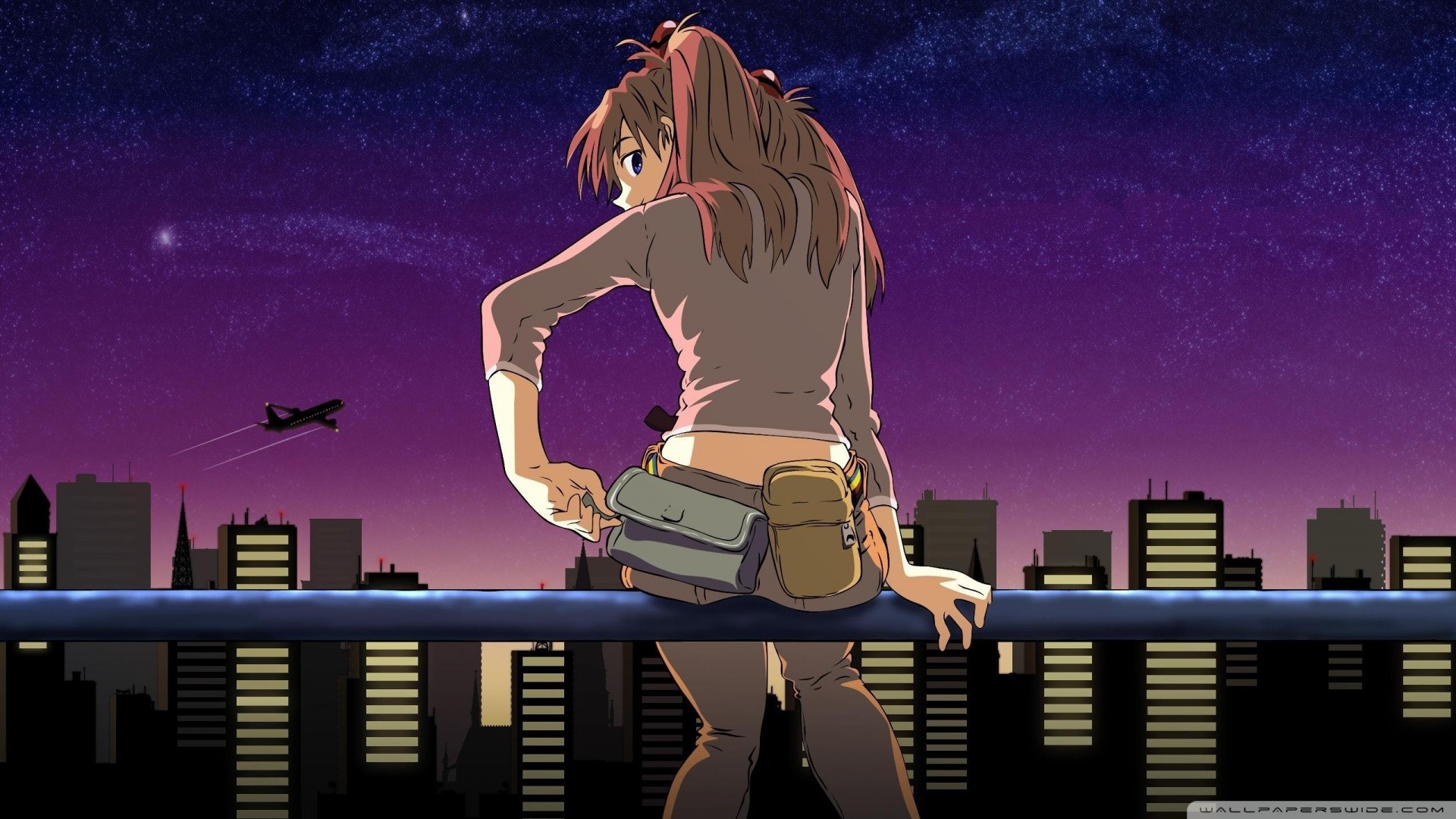 Ragazza anime, Città notturna, Skyline, Aereo, Full HD, sfondo per PC
