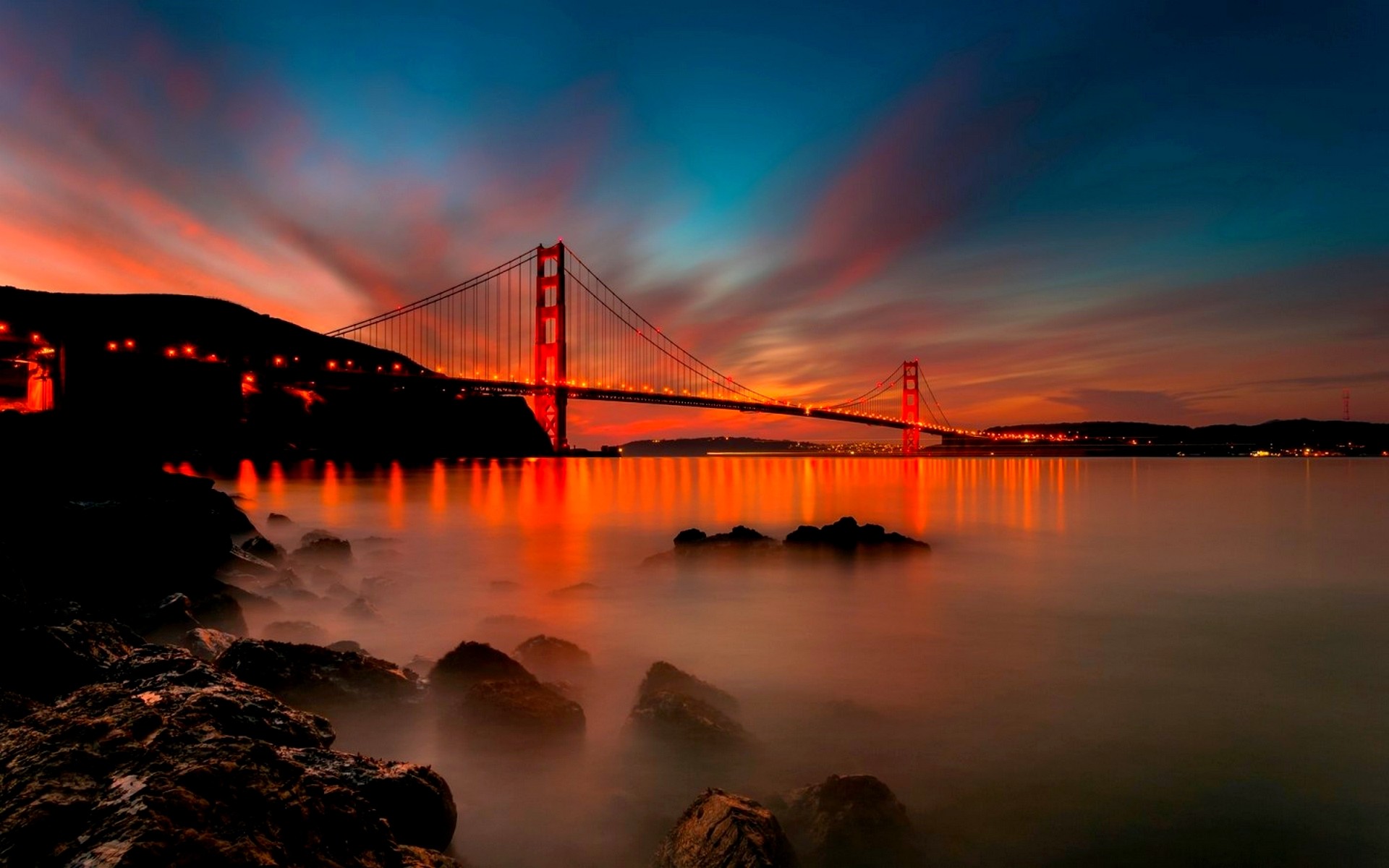 Golden Gate Bridge, San Francisco, Baia, Lunga esposizione, Tramonto, sfondo Full HD per portatile