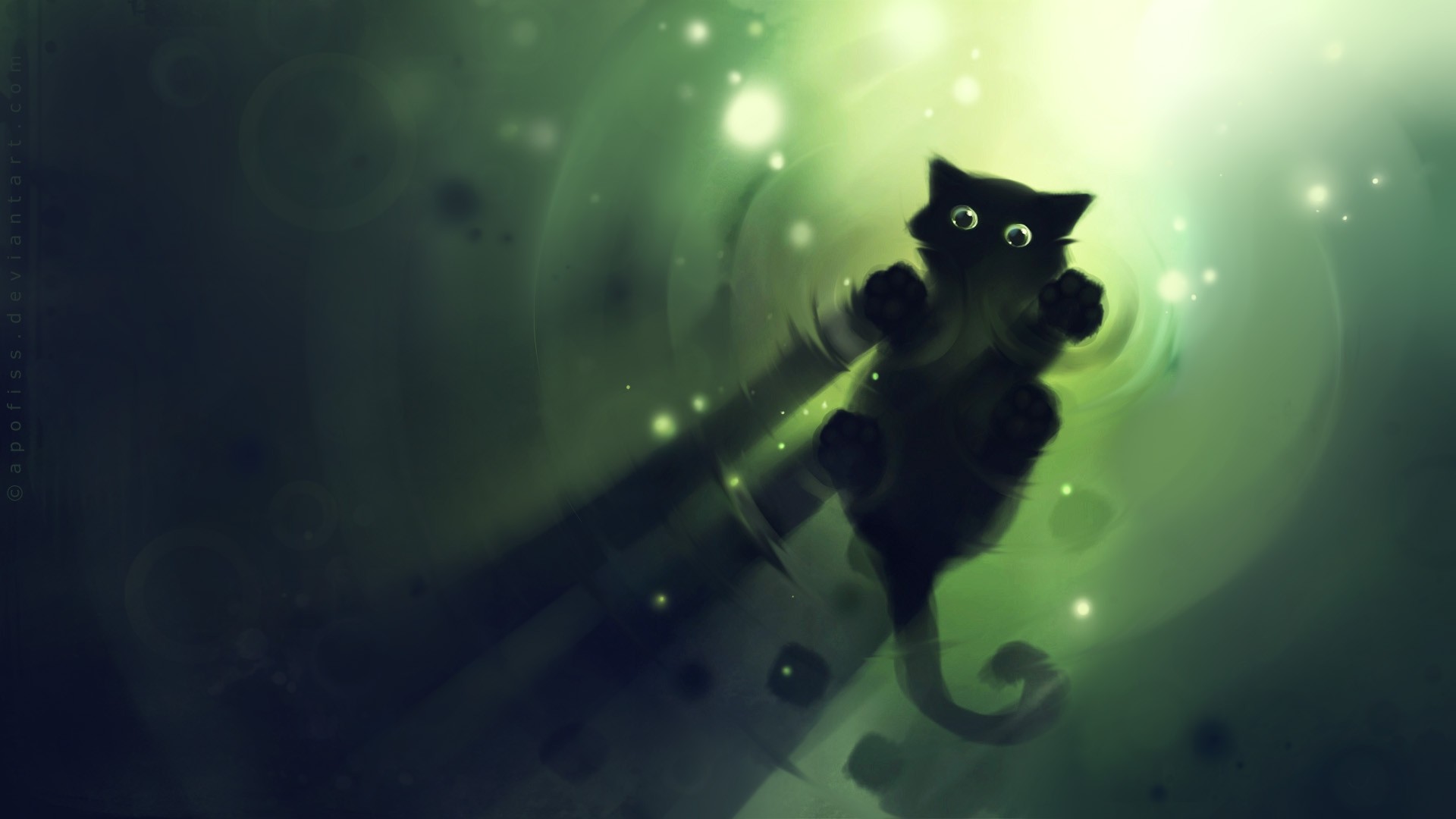 Gatto nero, Arte digitale, Verde, Bokeh, Full HD, wallpaper per computer