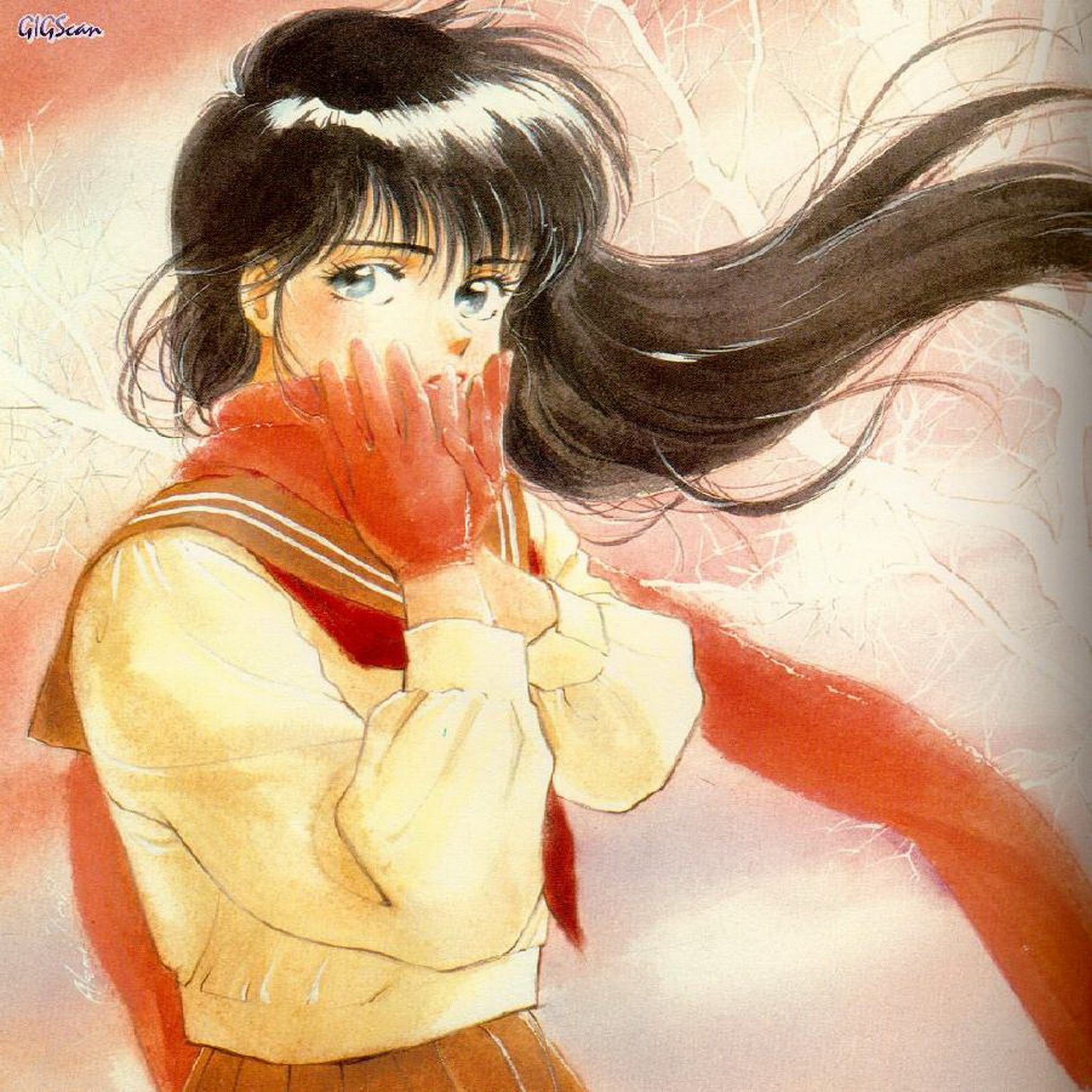 Ragazza manga, Sciarpa rossa, Divisa scolastica, Acquerello, Full HD, sfondo per iPad e tablet
