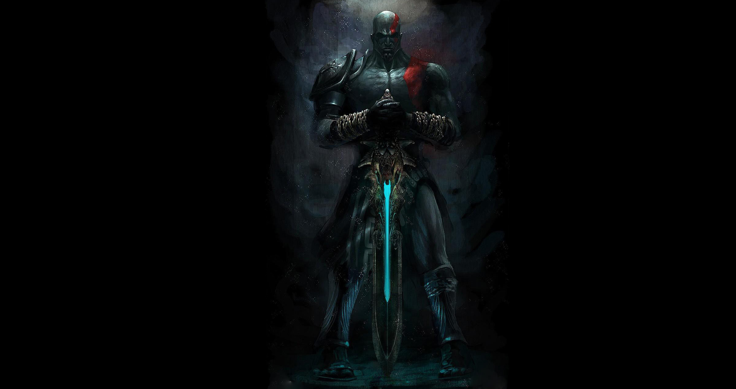 Kratos, God of War, Armatura, Spada, Sfondo nero, Full HD, wallpaper desktop