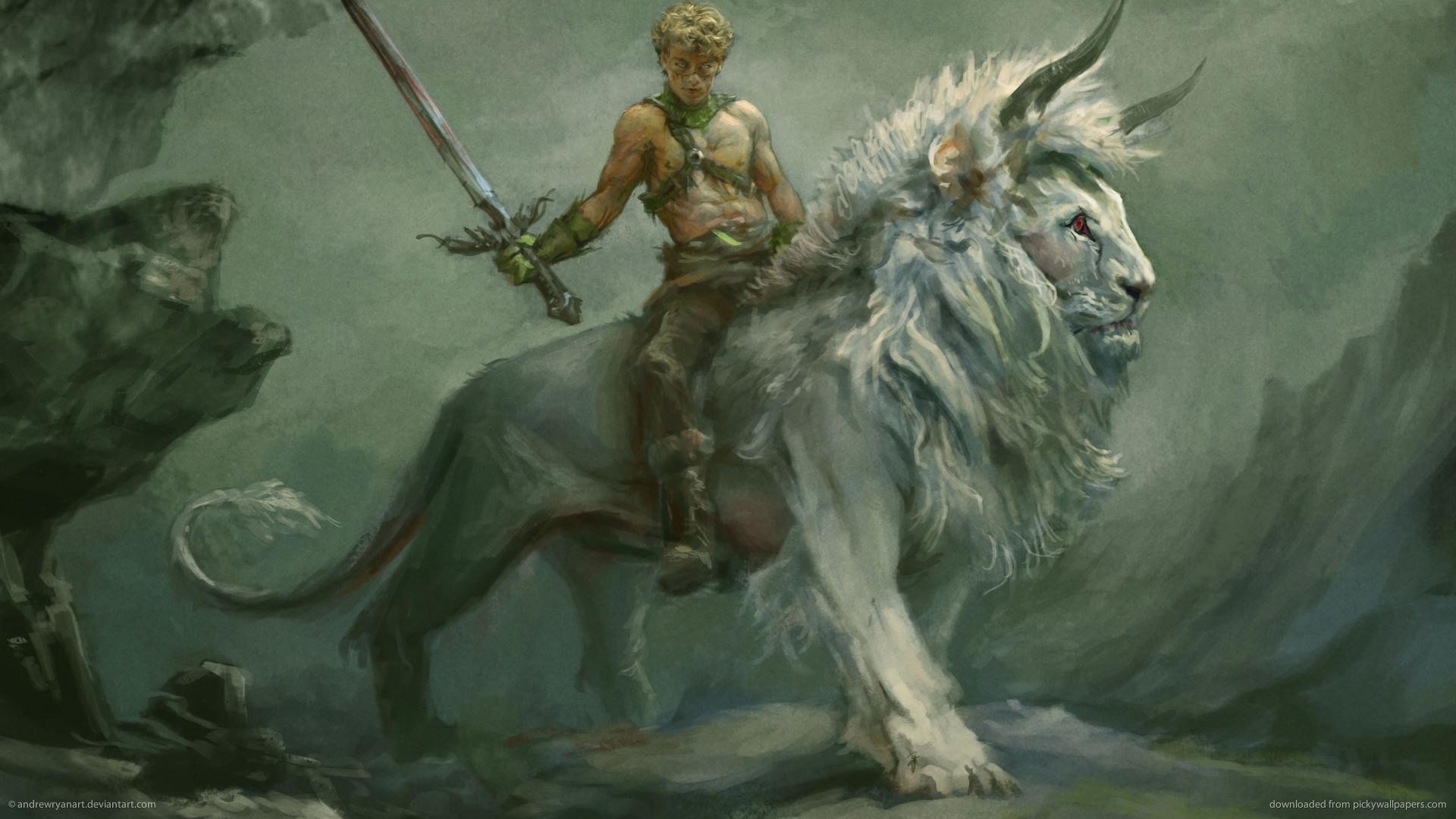 Guerriero, Leone bianco, Fantasy, Spada, 1920x1080, immagine di sfondo