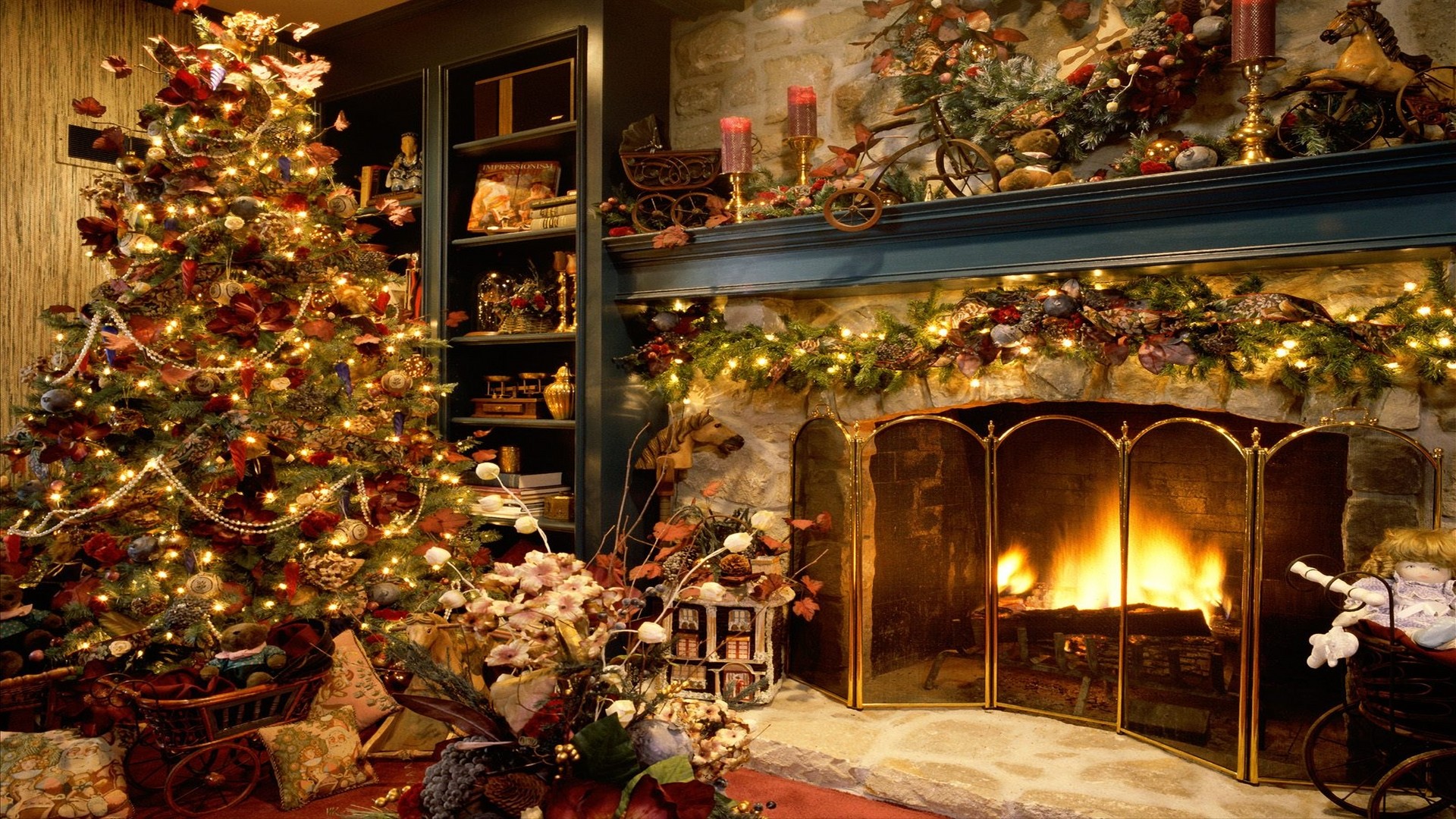 Natale, Albero di Natale, Camino, Ghirlanda, Interno, Full HD 1080p, sfondo desktop