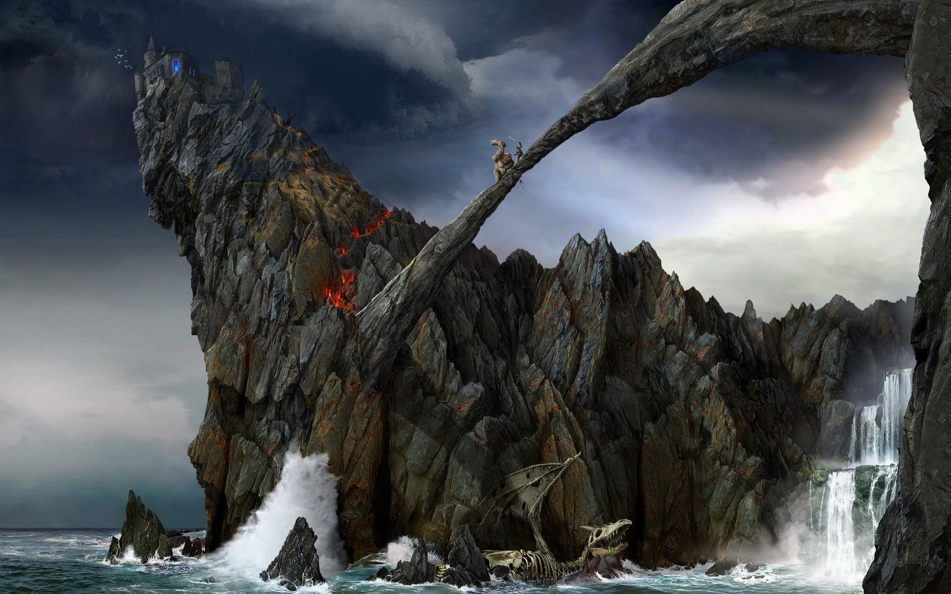 Scogliera, Nave, Arte fantasy, Tempesta, 1920x1200, sfondo per PC