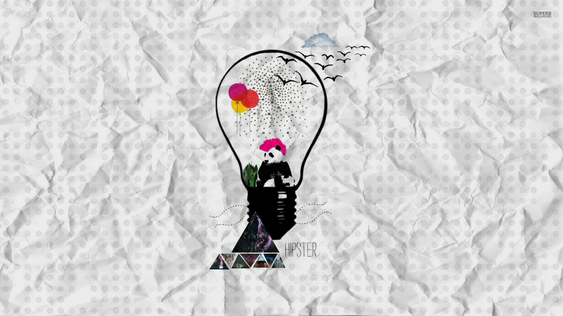 Lampadina, Palloncini, Carta stropicciata, Collage, 1920x1080, immagine di sfondo