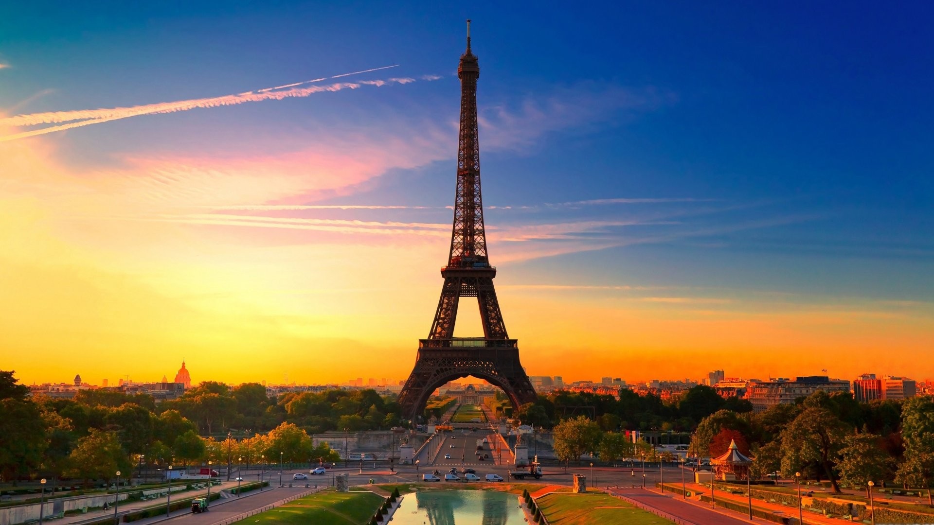 Torre Eiffel, Parigi, Tramonto, Trocadéro, sfondo Windows 10 Full HD