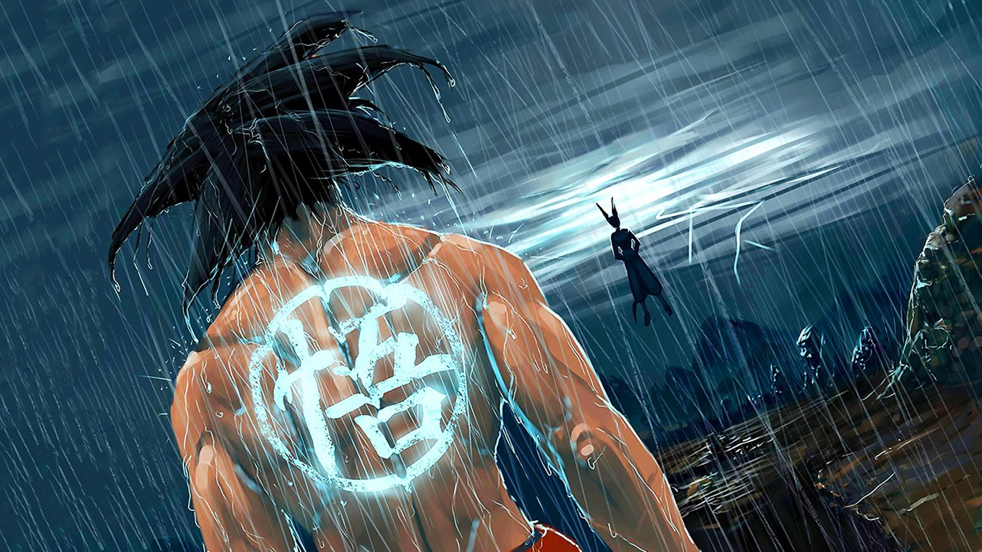 Son Goku, Kanji Go, Dragon Ball, Pioggia, Vista posteriore, Full HD 1080p, sfondo desktop