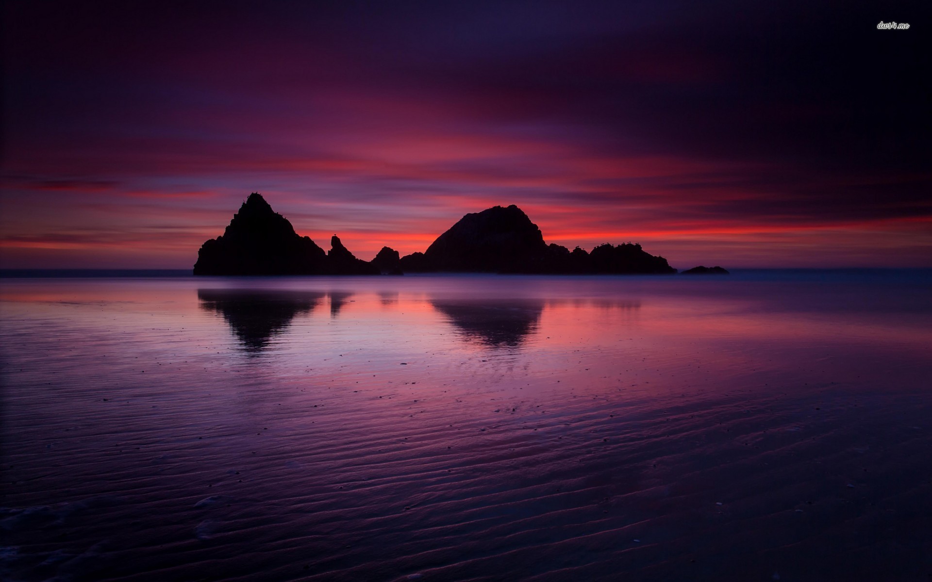 Isole rocciose, Mare, Tramonto, Cielo viola, Riflesso, Full HD, sfondo per PC e portatile