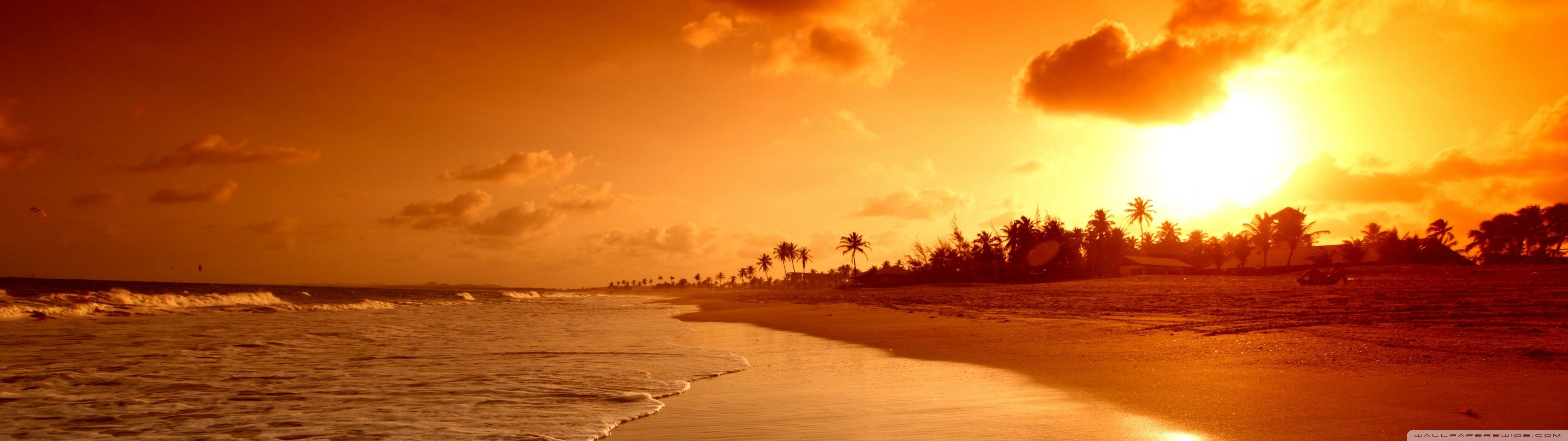 Spiaggia, Tramonto, Palme, Mare, Cielo arancione, Full HD, sfondo Windows 11