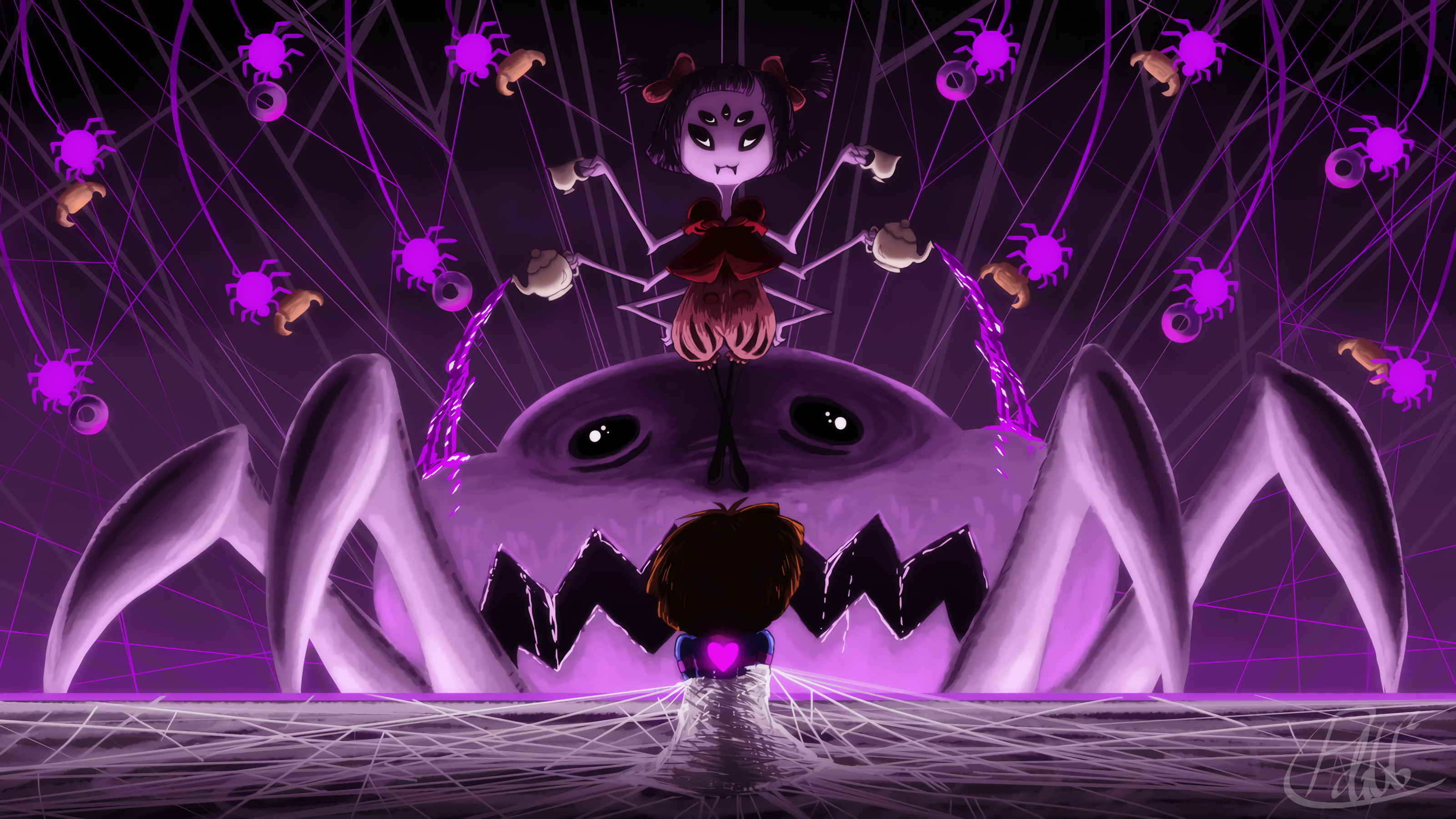 Muffet, Undertale, Ragni, Viola, Fan art, 2K, sfondo desktop