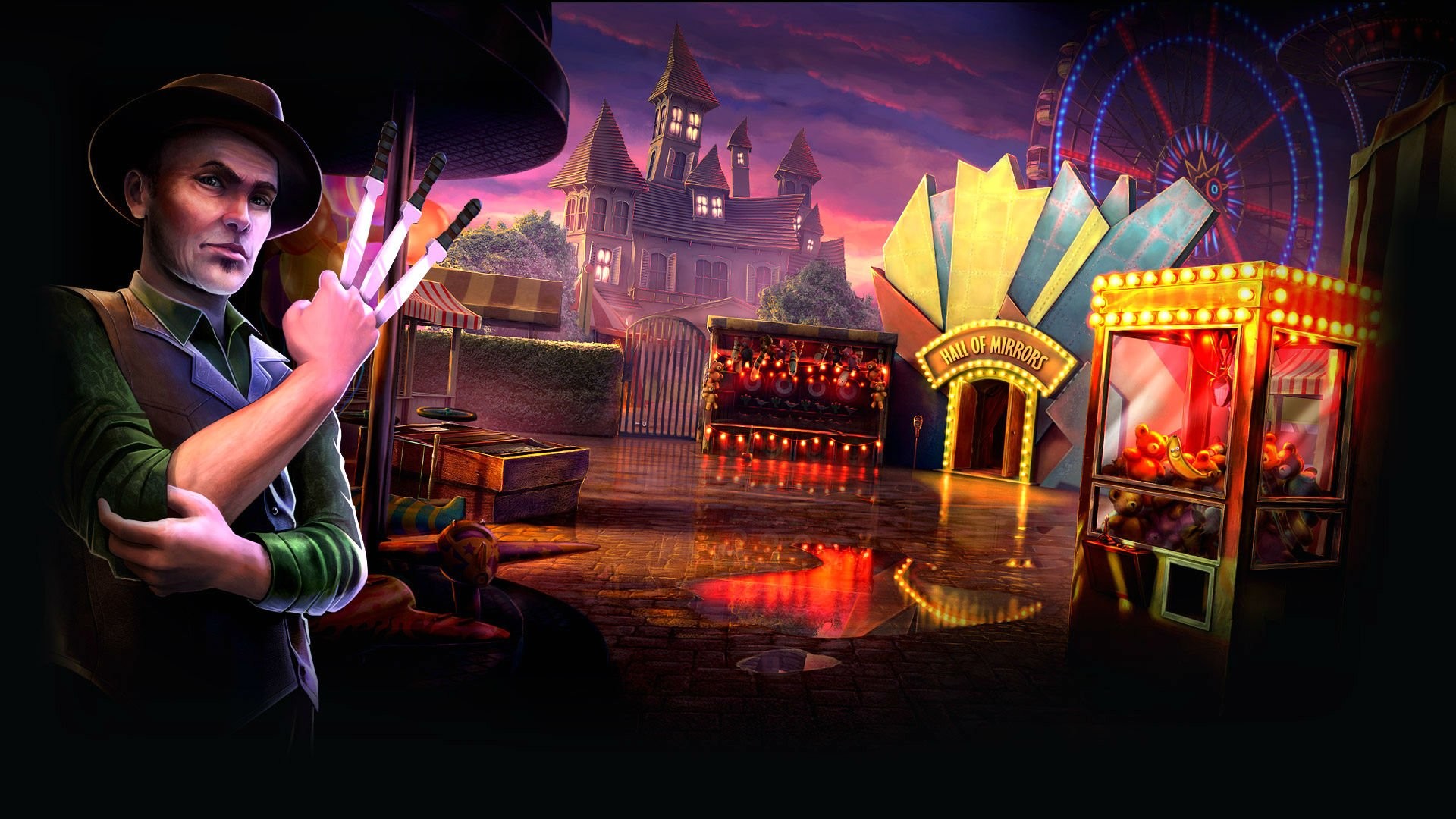 Luna park, Uomo col cappello, Notte, Illustrazione, 16:9 Full HD, sfondo widescreen