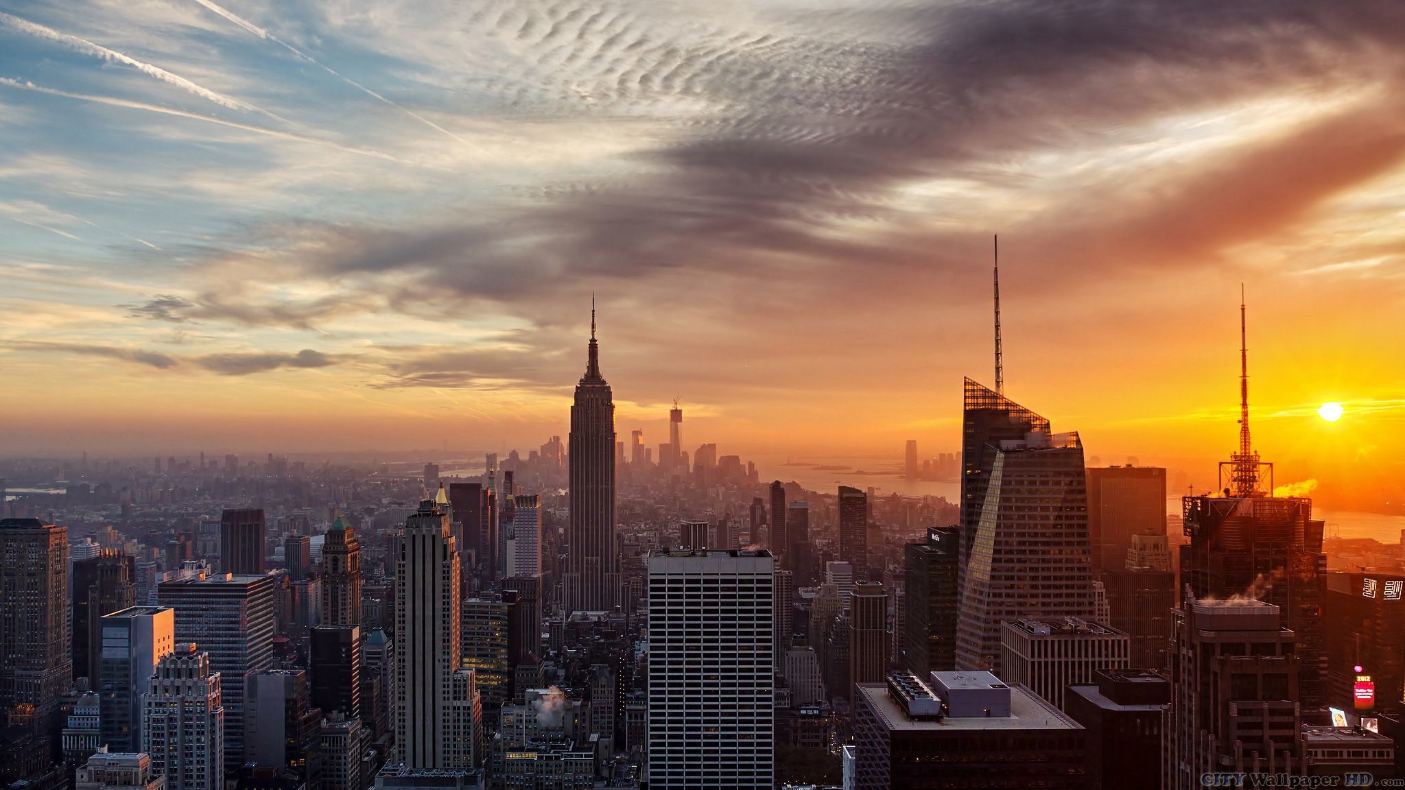Empire State Building, Manhattan, Tramonto, Skyline, Full HD, sfondo per PC