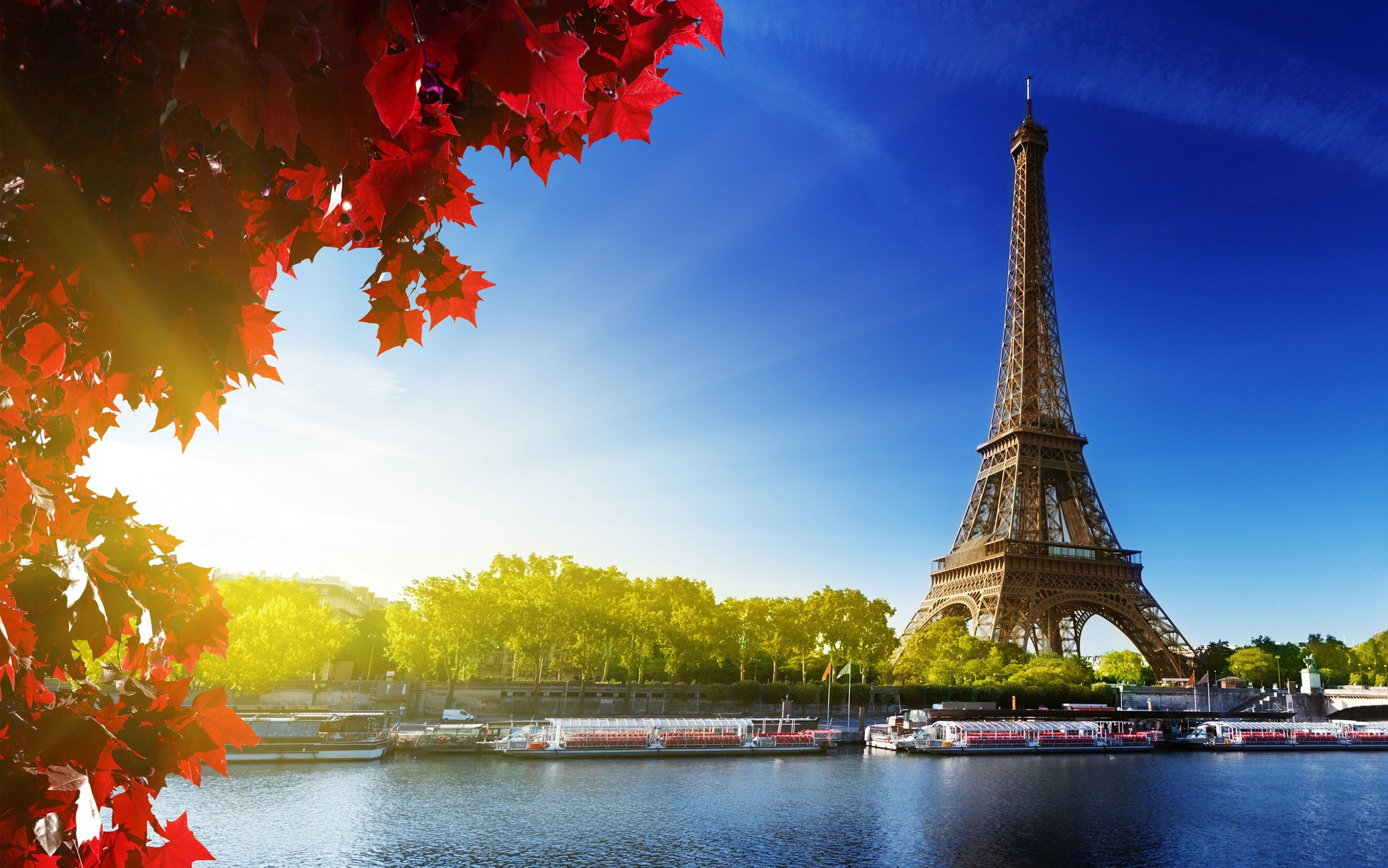 Torre Eiffel, Senna, Parigi, Foglie rosse, Autunno, 2500x1563, sfondo MacBook Pro