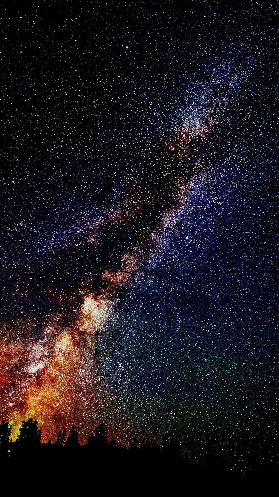 Via Lattea, Cielo stellato, Notte, Alberi, Full HD, sfondo iPhone 7