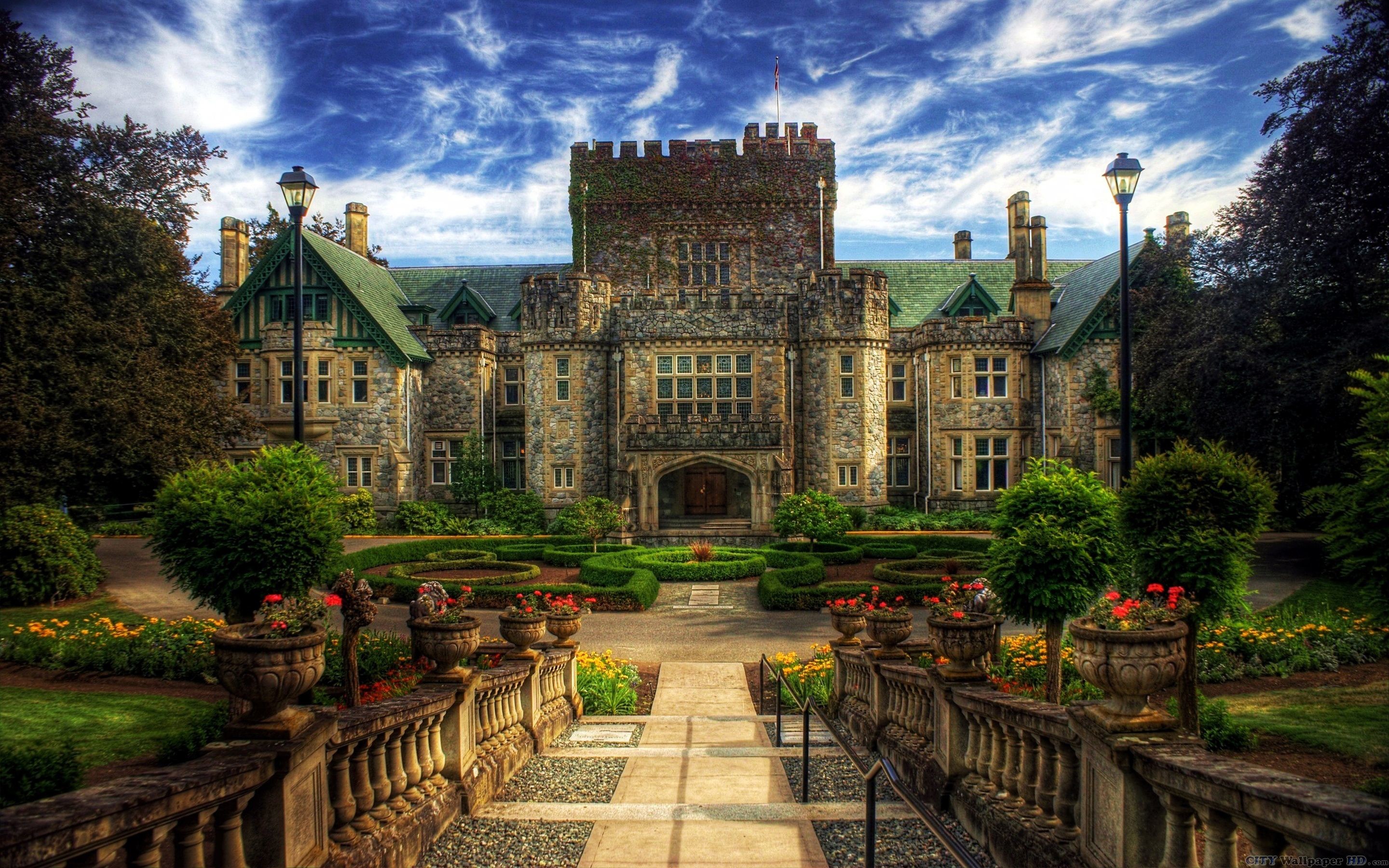Castello di Hatley, Victoria, Canada, Giardino, HDR, 16:10 2K, sfondo widescreen