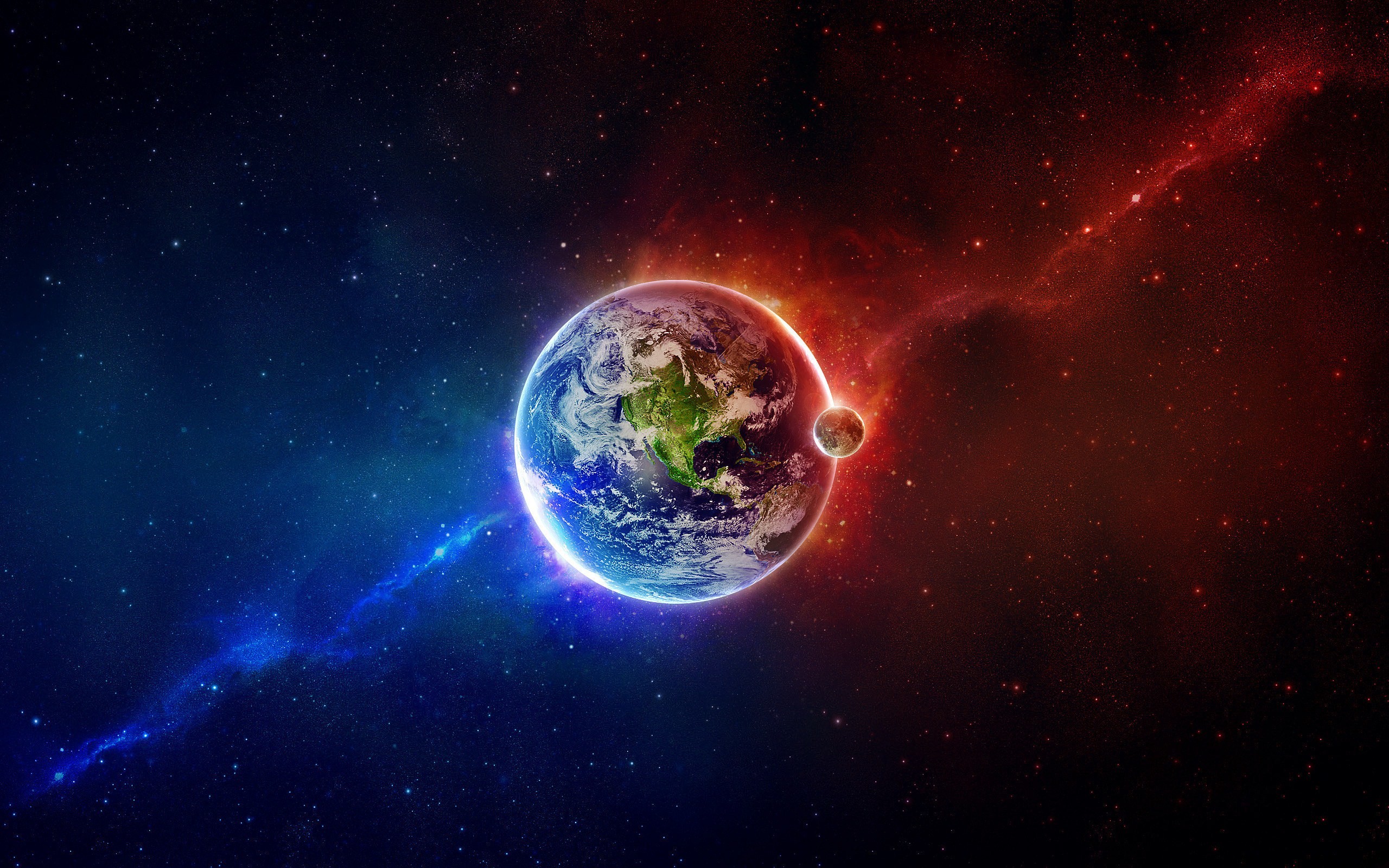 Terra, Pianeta, Luna, Spazio, Rosso e blu, 2K, sfondo per PC e portatile