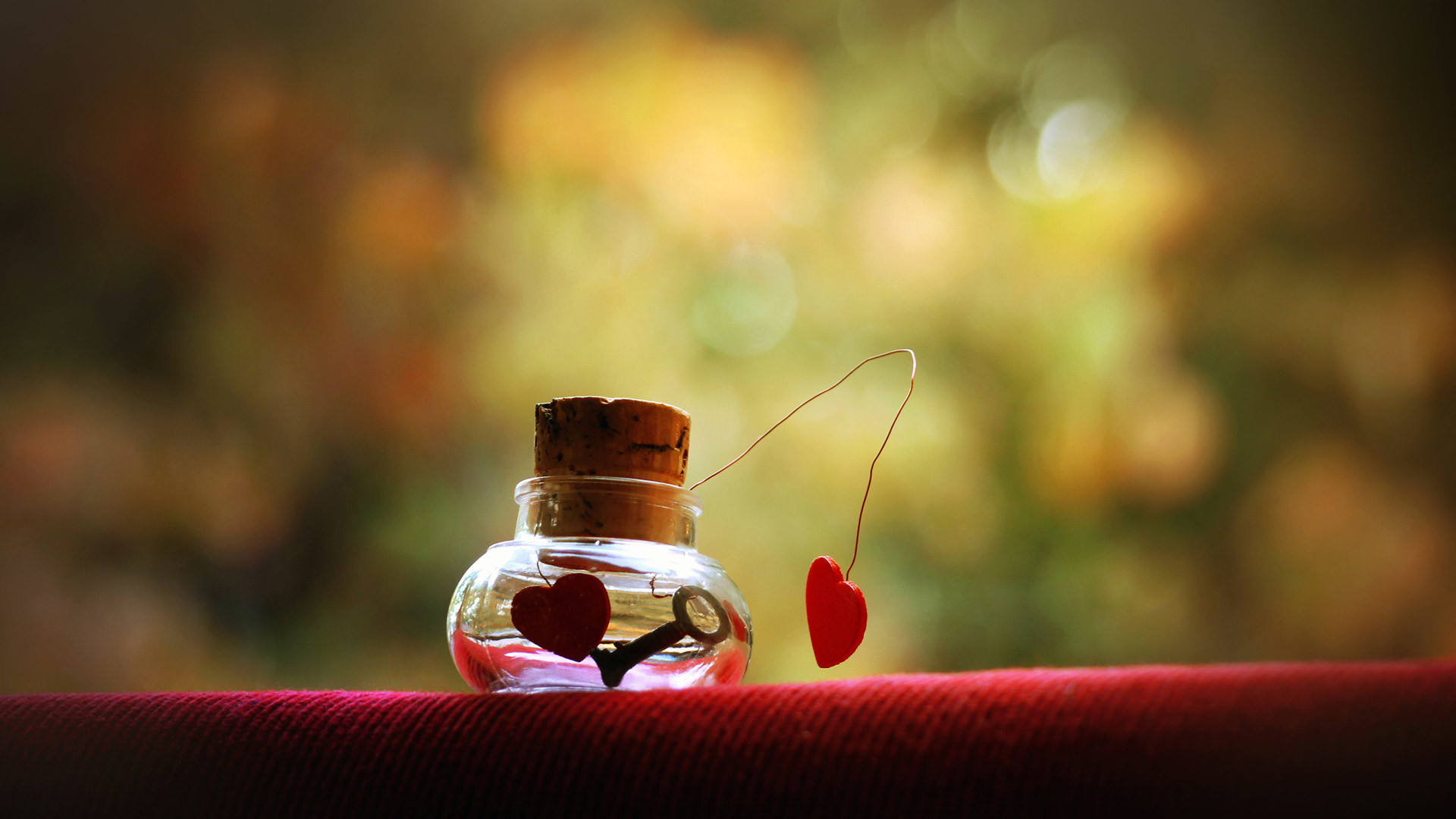 Barattolo di vetro, Cuori, Tappo di sughero, Bokeh, Romantico, Full HD 1080p, sfondo desktop