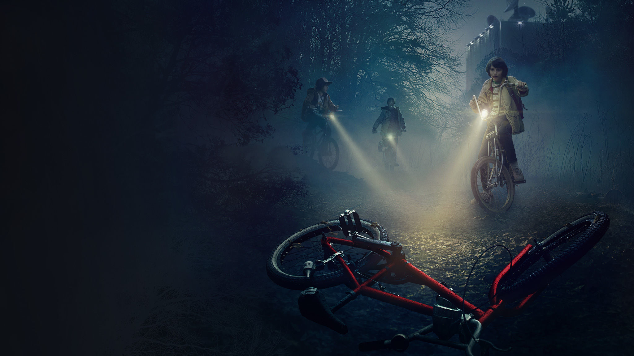 Stranger Things, Bicicletta di Will, Torce, Bosco notturno, Full HD, sfondo Windows 11