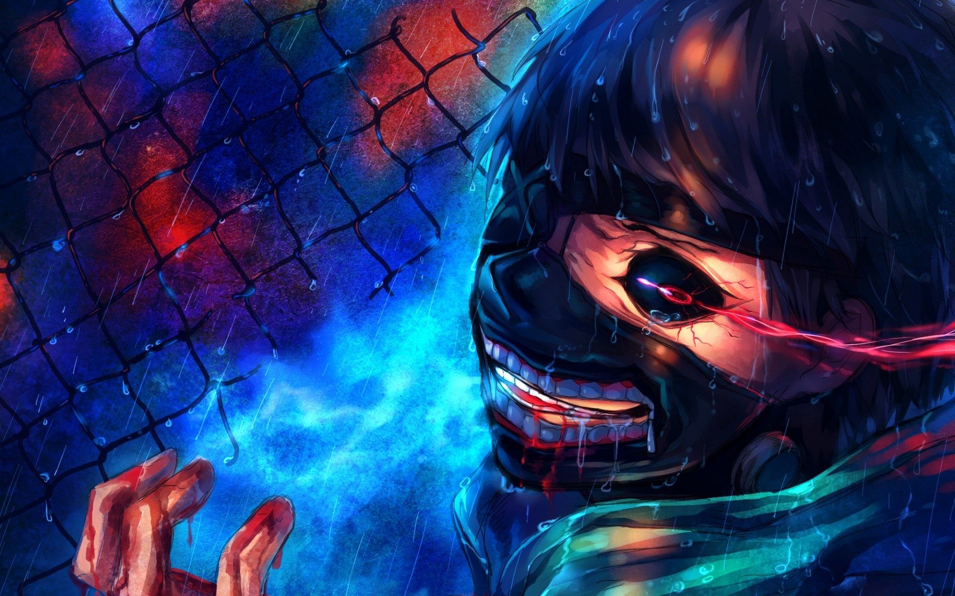 Ken Kaneki, Tokyo Ghoul, Maschera, Rete metallica, Colorato, Full HD, sfondo per PC e portatile