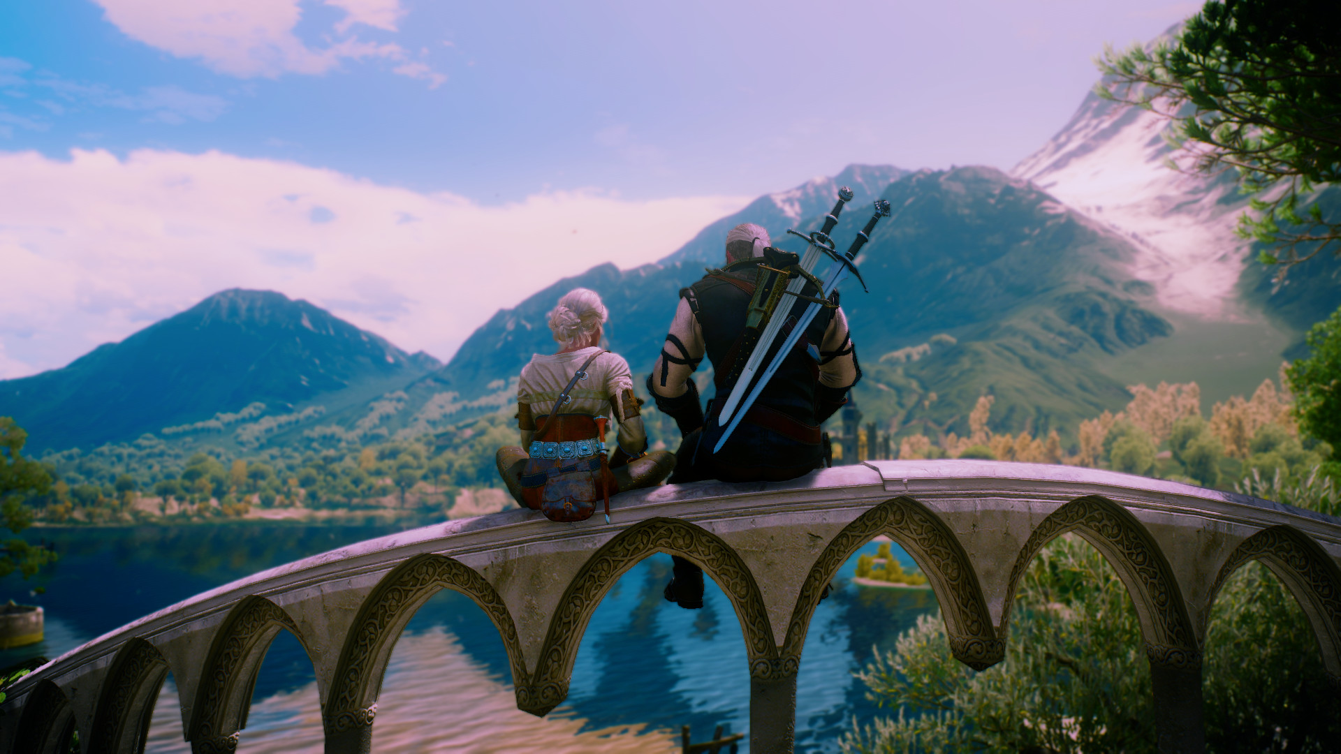 Geralt di Rivia, Ciri, The Witcher 3: Wild Hunt, Ponte, Lago, 16:9 Full HD, sfondo widescreen