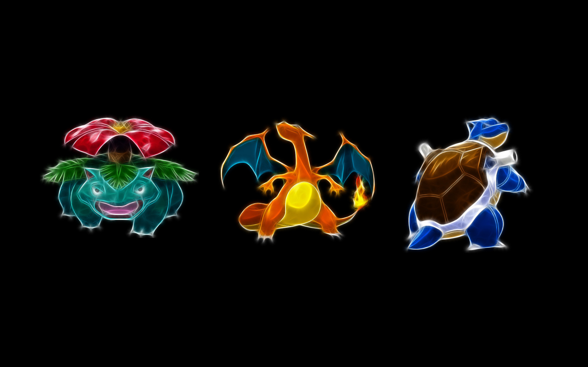 Venusaur, Charizard, Blastoise, Pokémon, Neon, Sfondo nero, 16:10 Full HD, wallpaper widescreen