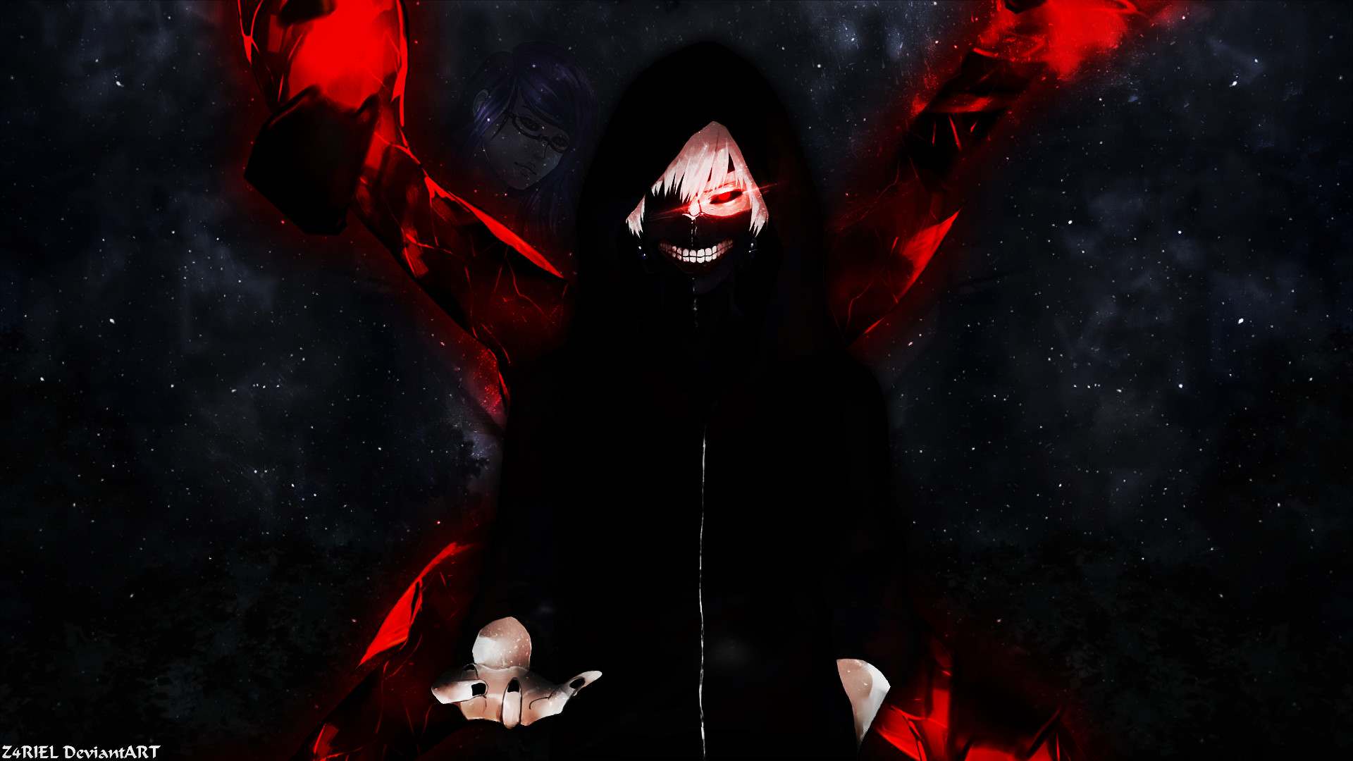 Ken Kaneki, Tokyo Ghoul, Kagune, Cappuccio, Sfondo nero, Full HD, wallpaper per portatile