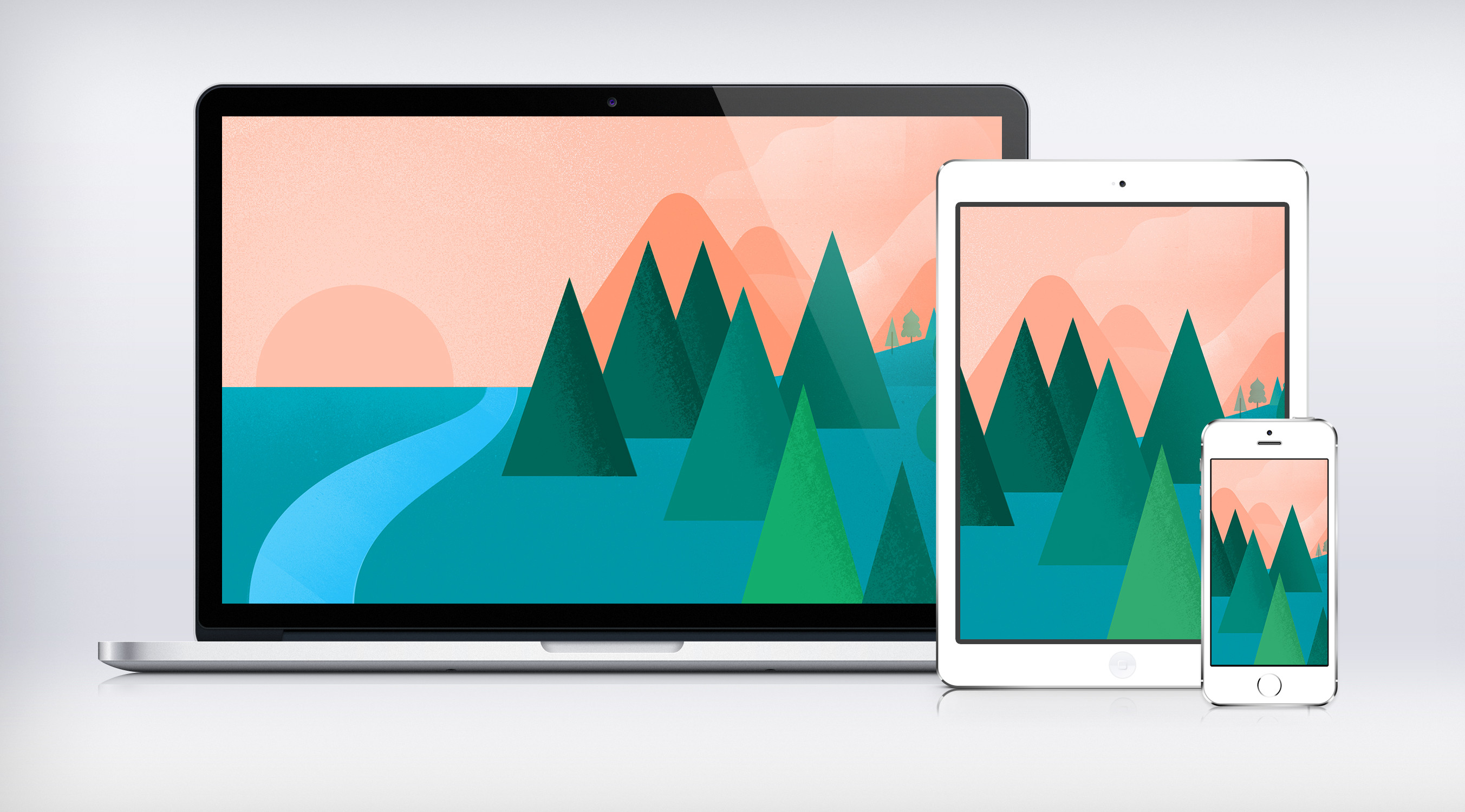 MacBook, iPad, iPhone, Flat design, Alberi, Mockup, 2K, sfondo per PC