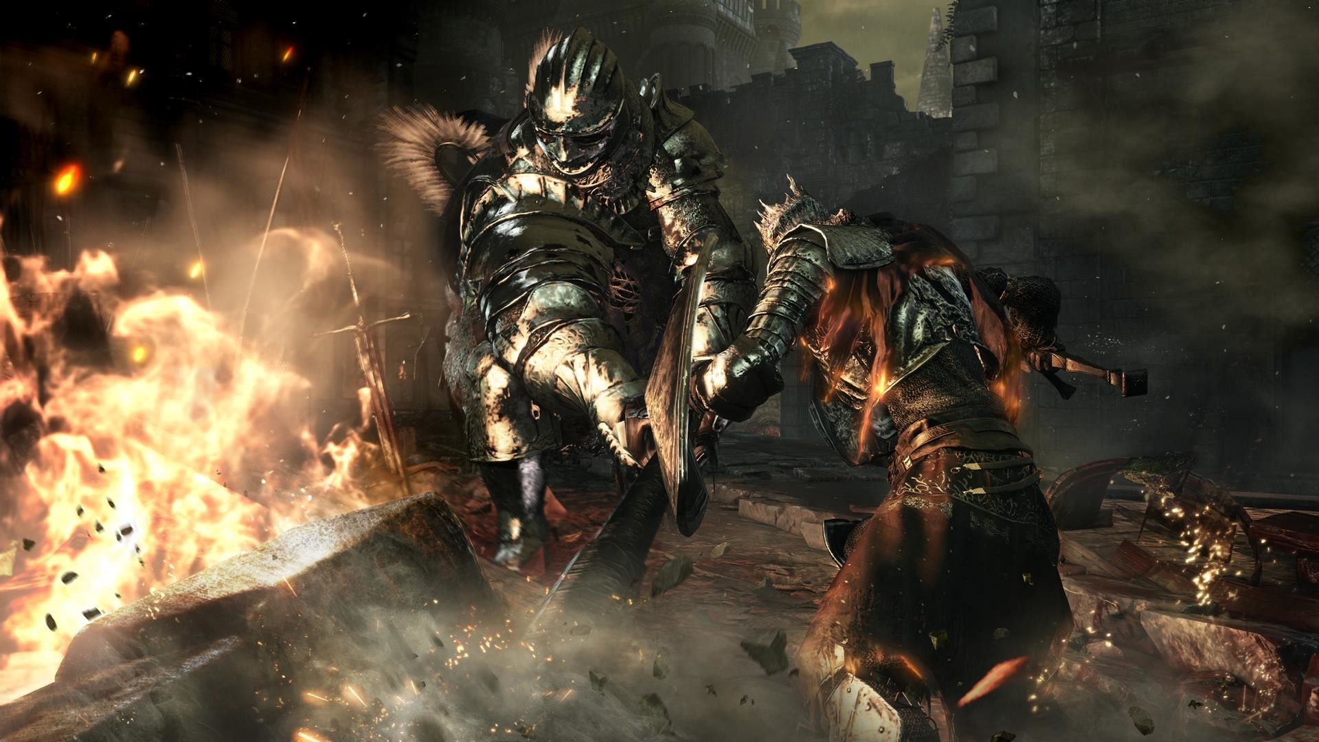 Dark Souls III, Cavaliere, Fiamme, Battaglia, 16:9 Full HD, sfondo widescreen